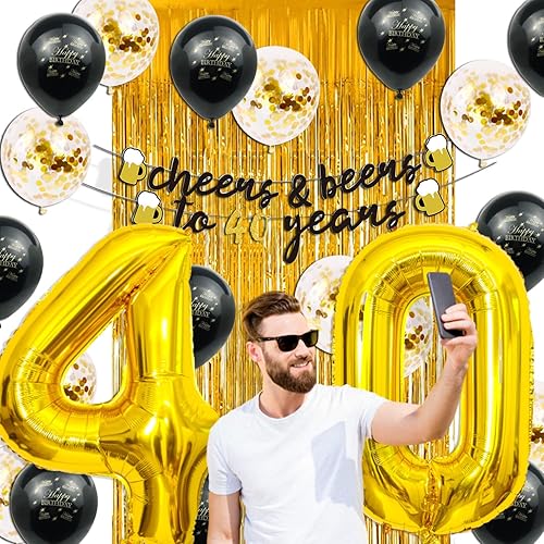 Miniatura 3 de Decoraciones de cumpleaños número 40 para hombres, decoraciones de cumpleaños número 40 con globos dorados de 40 pulgadas con el número 40, letrero