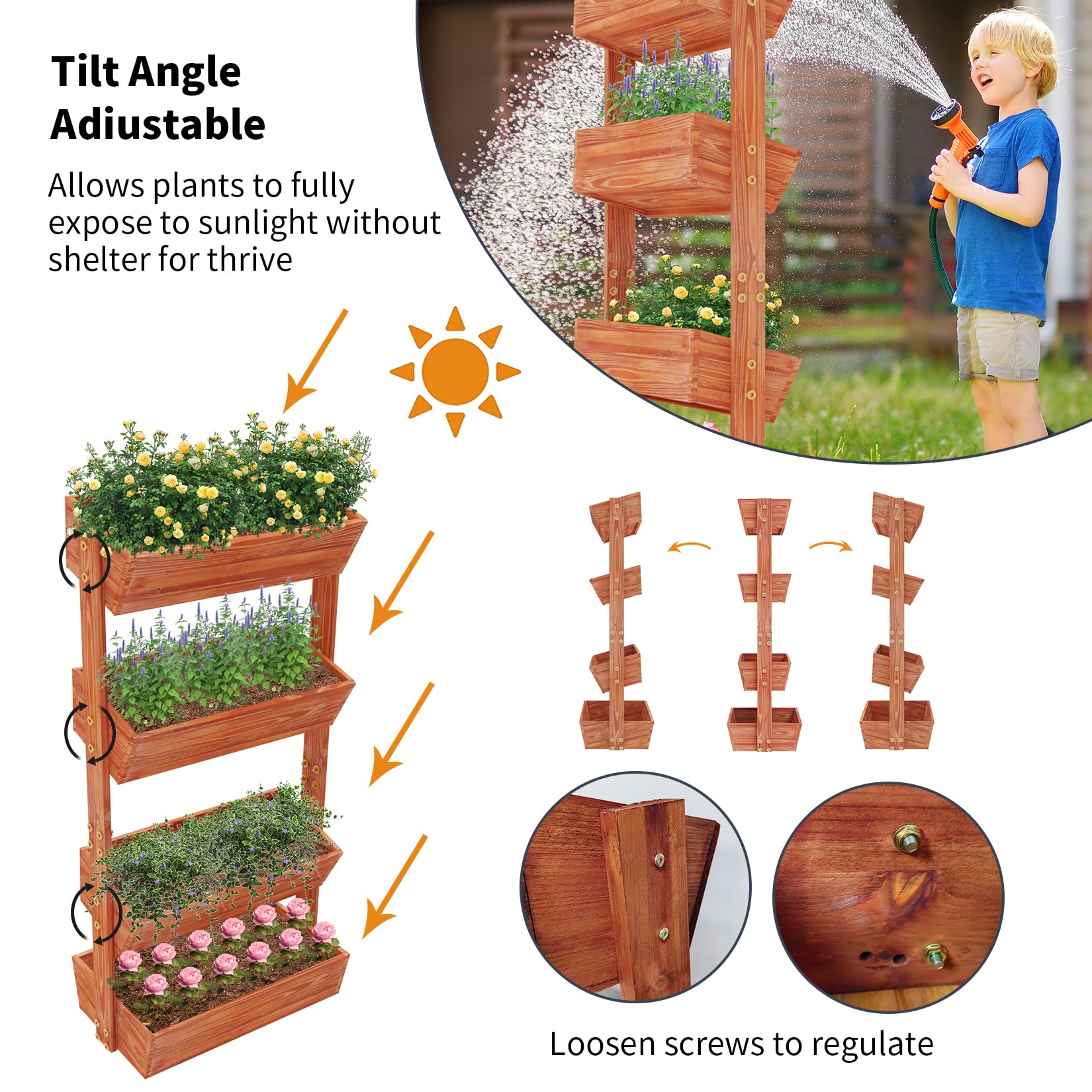 unho Jardinera Vertical de Madera: Huerto Urbano Ajustable Estantería Macetas para Flores Verduras Hierbas para Terraza Balcón y Jardín 140 x 65 x 26cm
