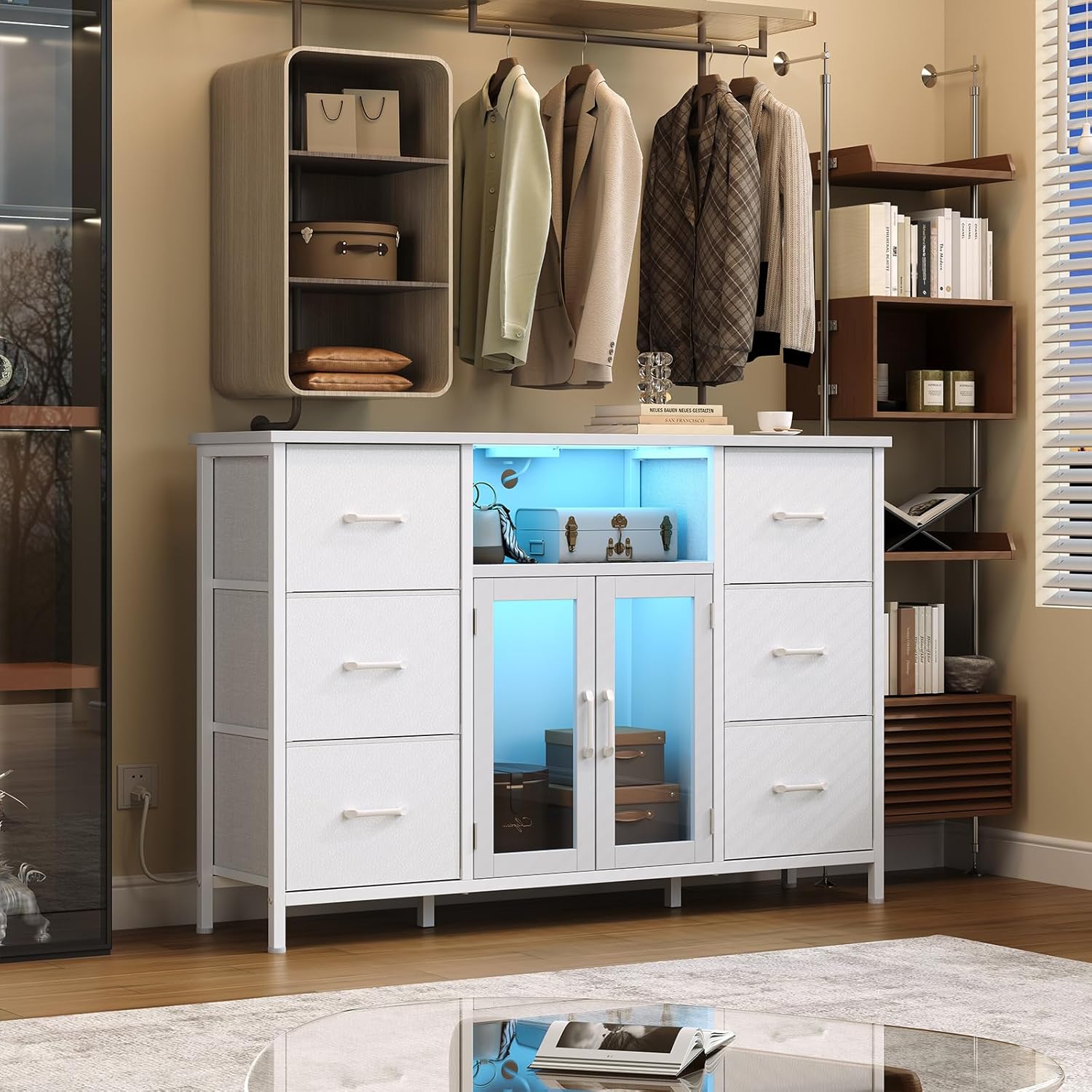 Dresser for Bedroom with Charging Station & LED Light, White 6 Drawer Dresser with Adjustable Feet, Wide Anti-Tip TV Stand for 60" TV, Fabric Chest of Drawer Storage Organizer for Living Room