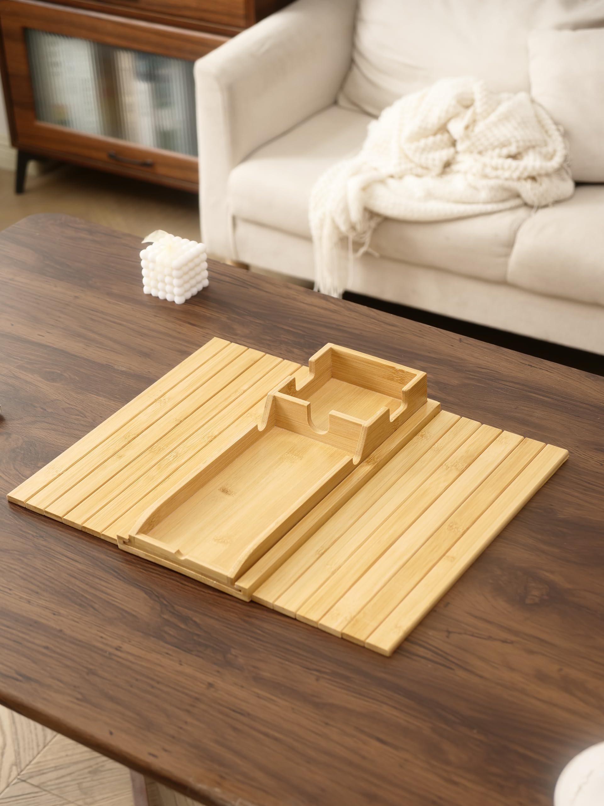 Uwenkjie Natural bamboo sofa armrest tray, three in one pull-out and detachable sofa cup holder - Image 4