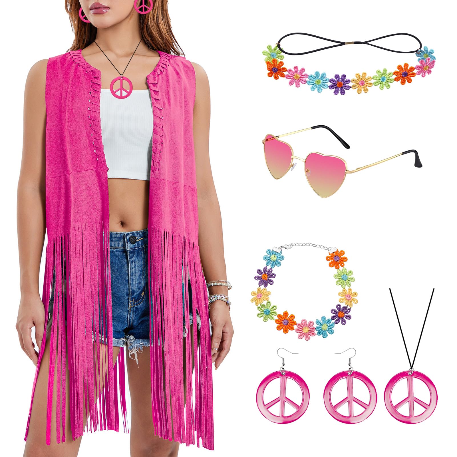 Matreeglam Hippie Costume Set for Women, 70s Fancy Dress Ladies, Pink Fringe Vest with Sunglasses Headband, Hippie Disco Costume Accessories for Halloween Carnival Party (Pink, XL) BigaMart Matreeglam Hippie Costume Set for Women, 70s Fancy Dress Ladies, Pink Fringe Vest with Sunglasses Headband, Hippie Disco Costume Accessories for Halloween Carnival Party (Pink, XL) BigaMart