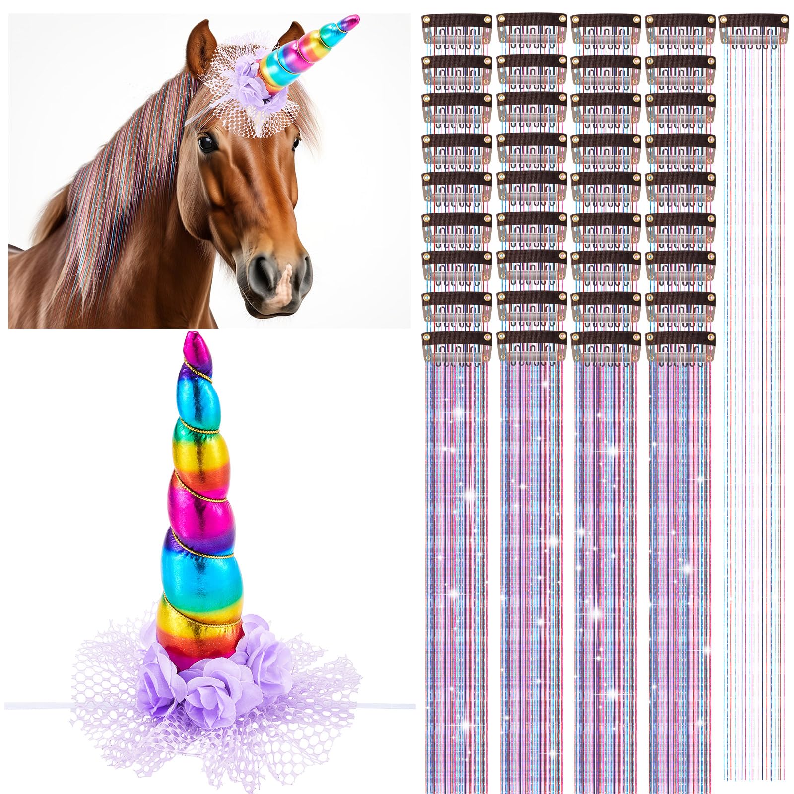 Juexica 19 Pcs Unicorn Horn for Horse, Unicorn Hair Bling Horses Accessory Include 1 Horn, 18 Clip in Hair Extensions Real Horse Easter Show Decor