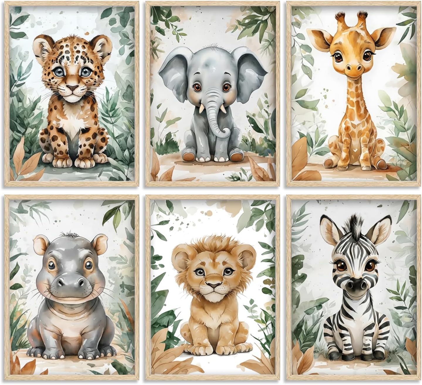 Baby Boy Safari Animal Wall Art Watercolor Theme Nursery Painting Picture Wall Decor Cute Lion Hippo Tiger Giraffe Zebra Elephant Sports Poster Print Artwork for Children Room Home Decoration,Unframed