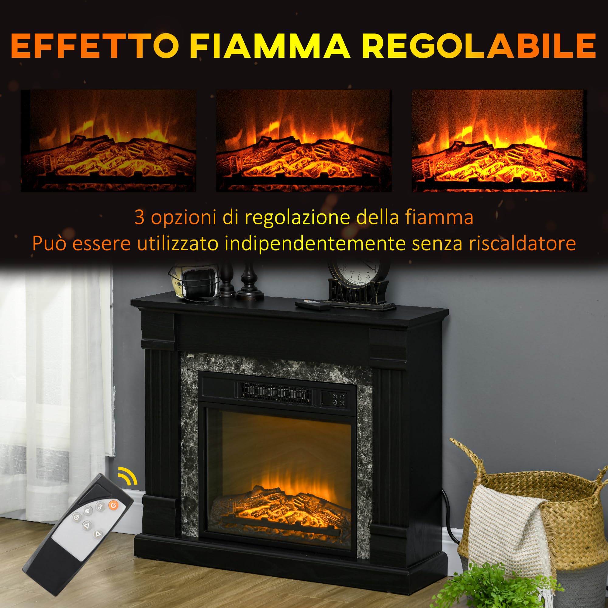 HOMCOM Camino Elettrico con Cornice Effetto Fiamma Realistico 3 Luminosità Regolabile, Stufa Silenzioso Caminetto Elettrico 1800W con Telecomando, Termostato, Timer, Riscaldamento Regolabile, Nero
