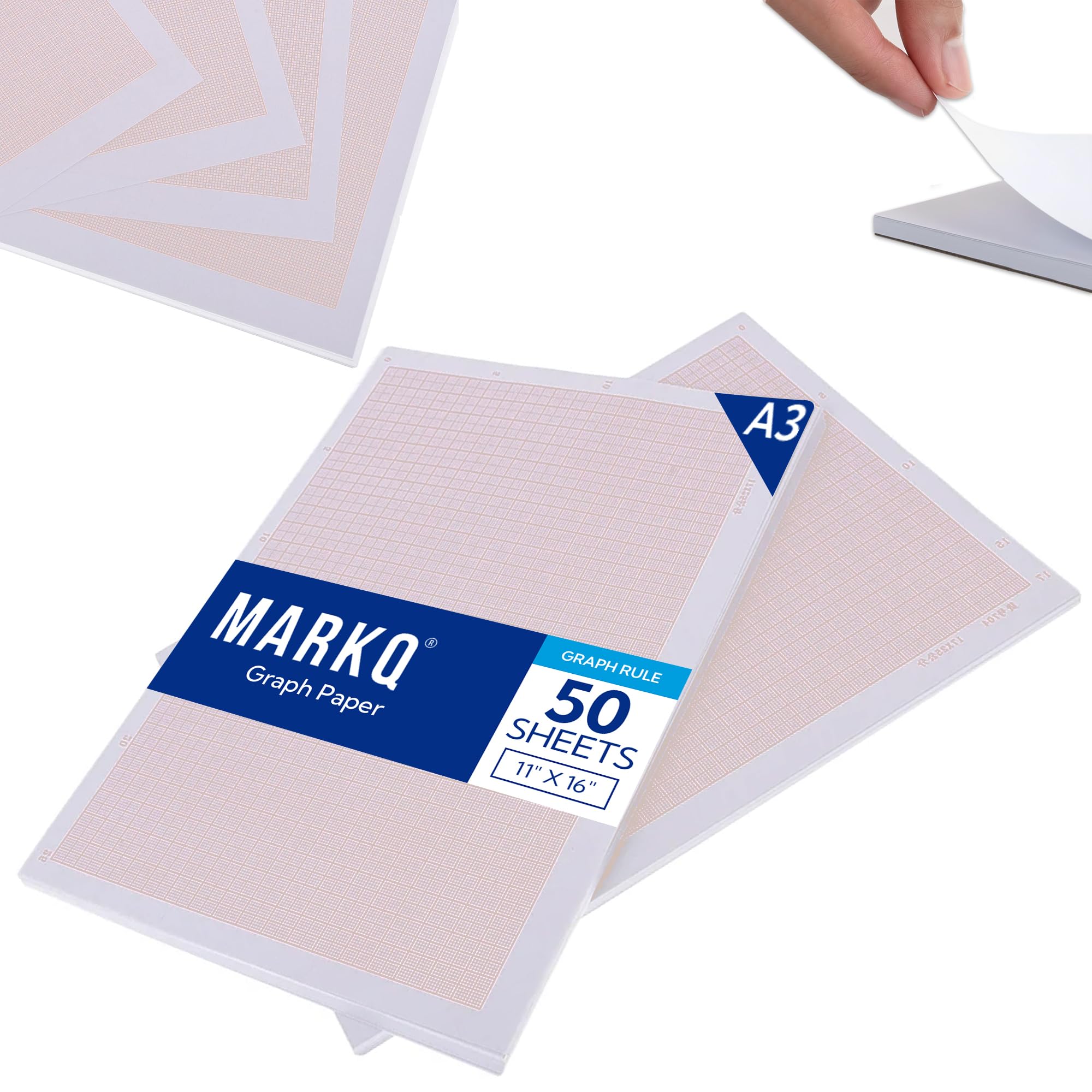 MARKQ Graph Paper Pad, A3, Squared Grid Paper book for Mathematics, Science, Engineers, Drawing, School Supplies, 50 Sheets