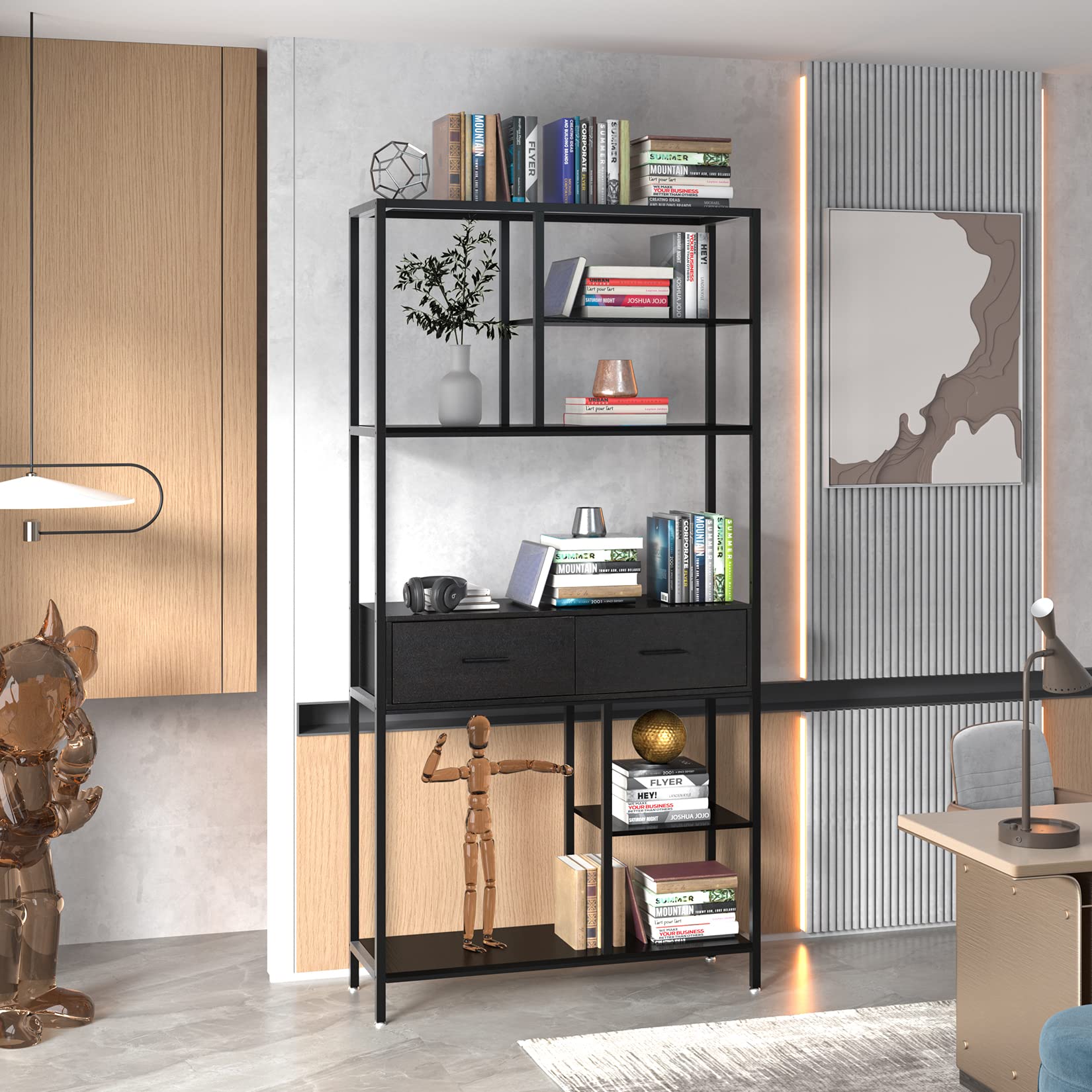 unho Librería con Cajón Industrial, Estantería Alta con Estantes de Almacenamiento de 5 Niveles, Marco de Metal y Gabinete de Madera, Estantería Independiente para Libros para Oficina en Casa