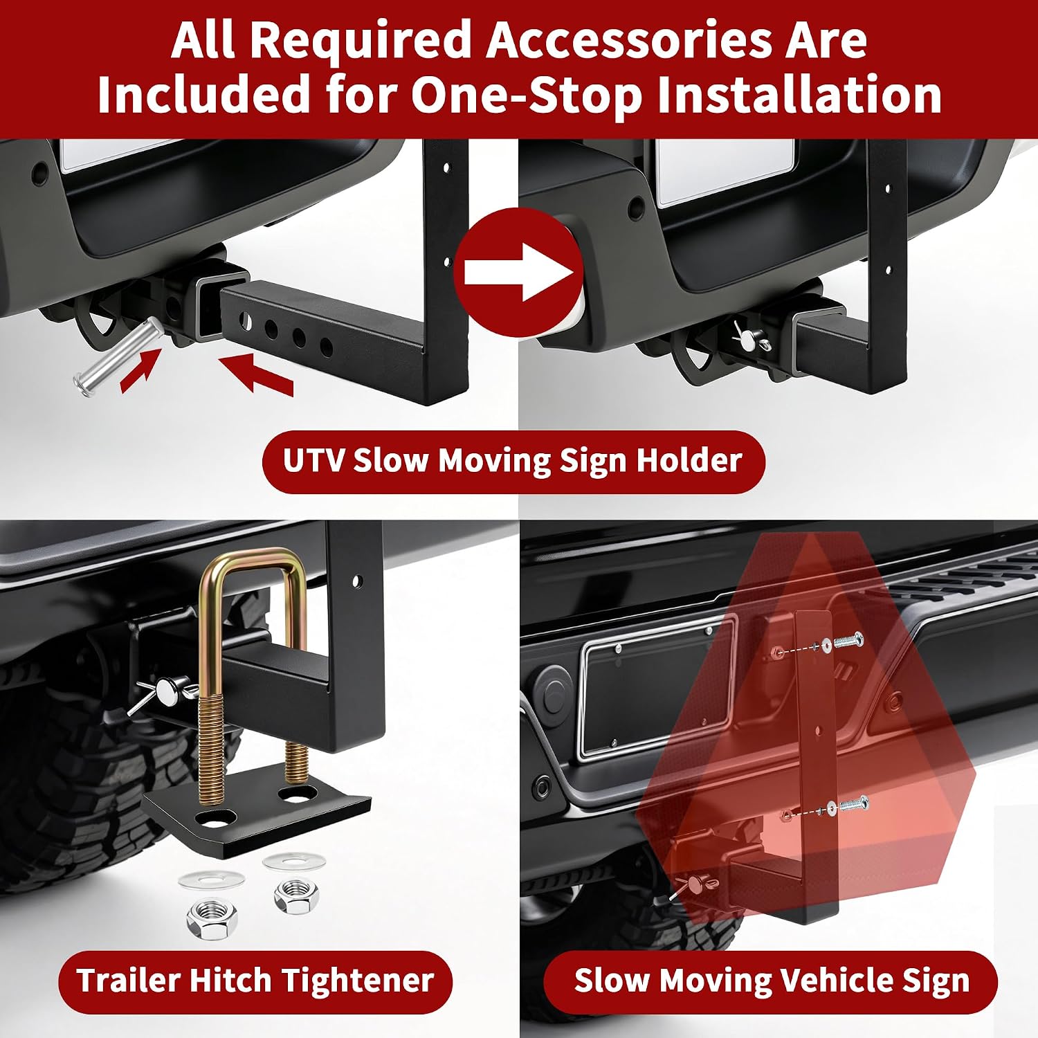 Slow‑Moving Sign Holder for UTVs, SMV Sign Bracket Kit with Hitch Tightener