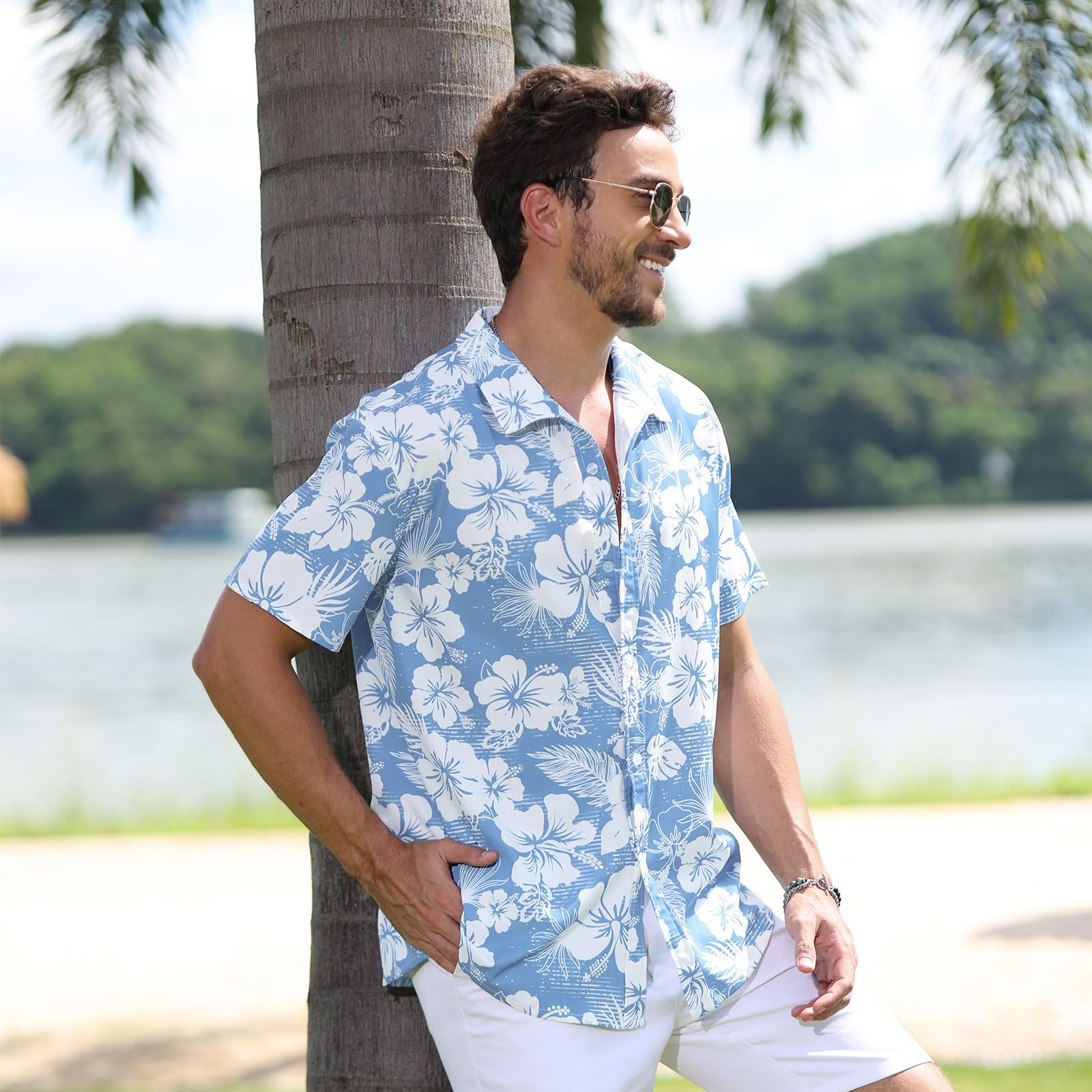 Chemise Hawaienne Homme a Fleur Manches Courtes Ete Festival Chemisette Col V Leger Boutons Tenue M-3XL