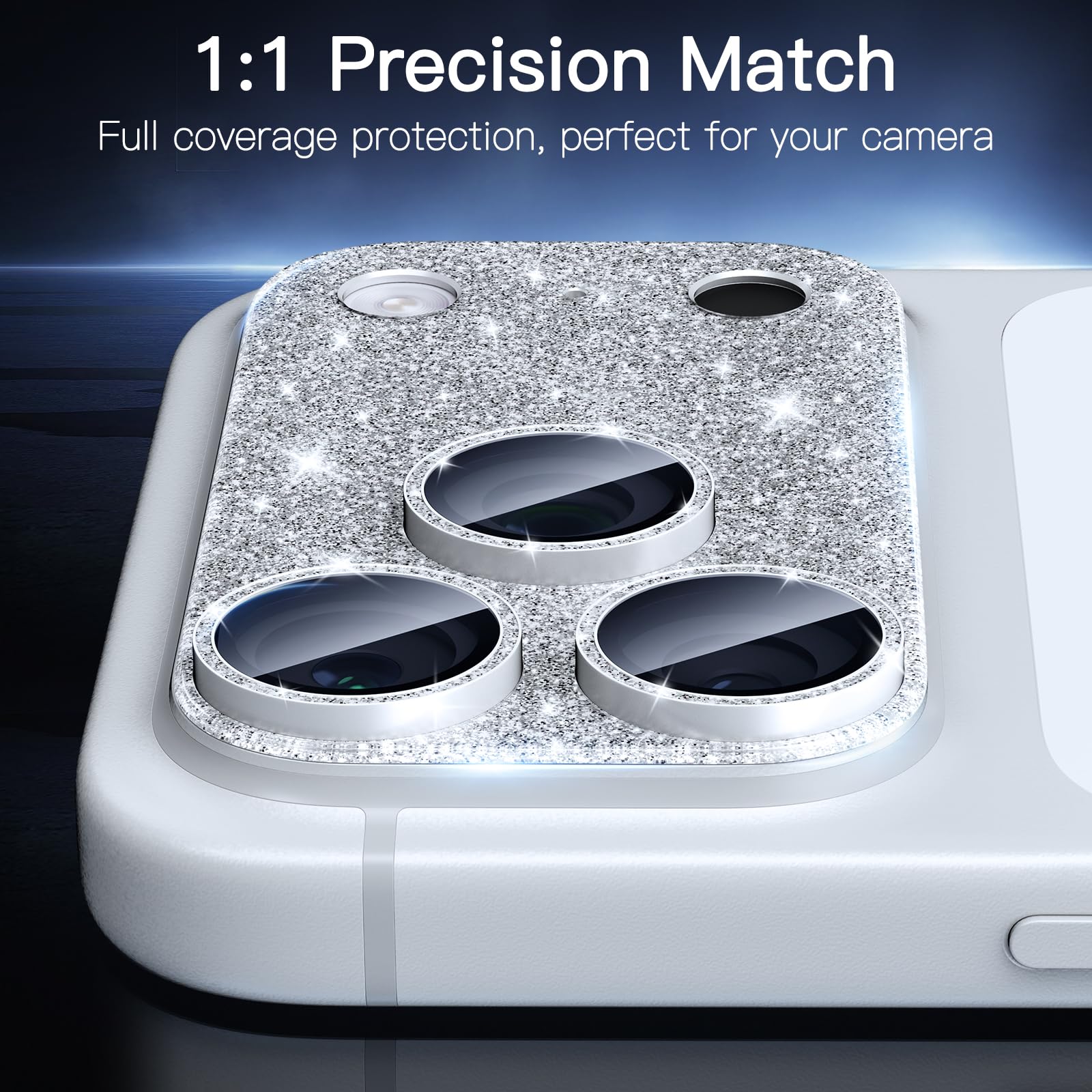 [2 Pack Bling Kamera Objektiv Bildschirmschutz für iPhone 17 Pro Max mit 9H gehärtetes Glas Luftfahrt Aluminium Platte Abdeckung Metallring, Nachtkreis, HD Klarheit-Glitter Silber
