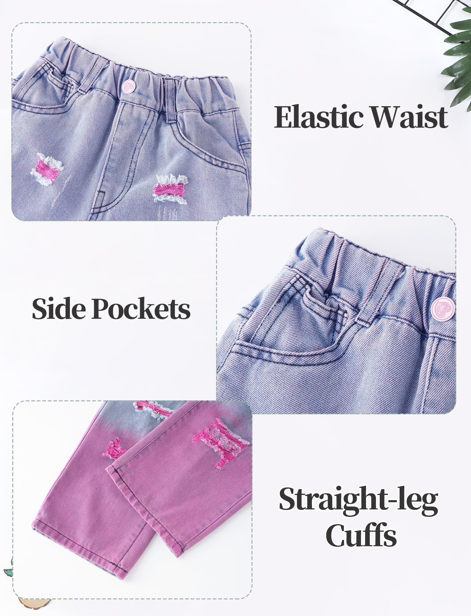 Maeau Zerrissene Jeans mit Weitem Bein für Mädchen, Farbverlauf Denim Hose Gerade, Loose Fit Freizeithose mit elastischem Bund und Taschen, 5-14 Jahre/Höhe 120-170 cm