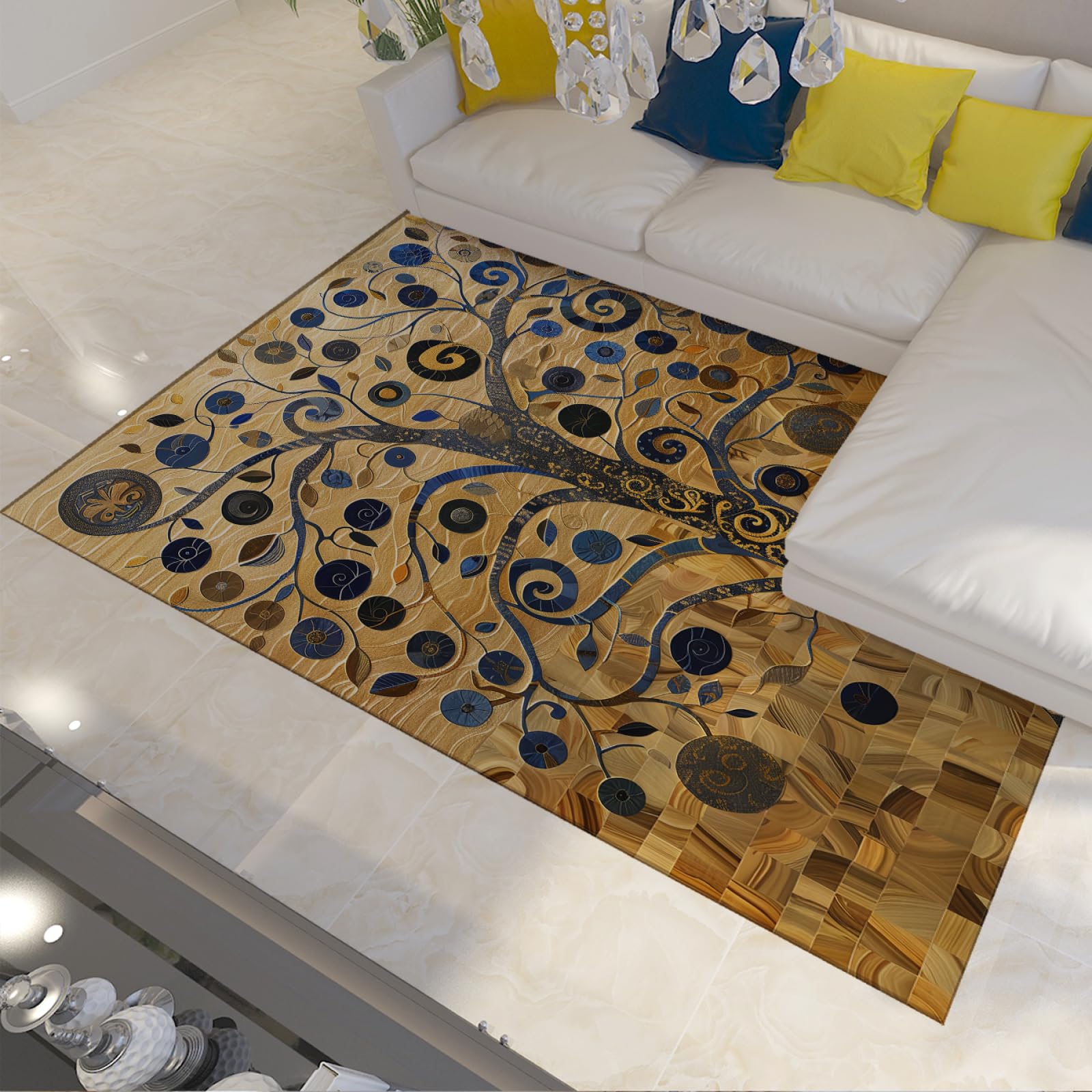 Tapis lavable Gustav Klimt style abstrait pour éliminer les taches en salle à manger