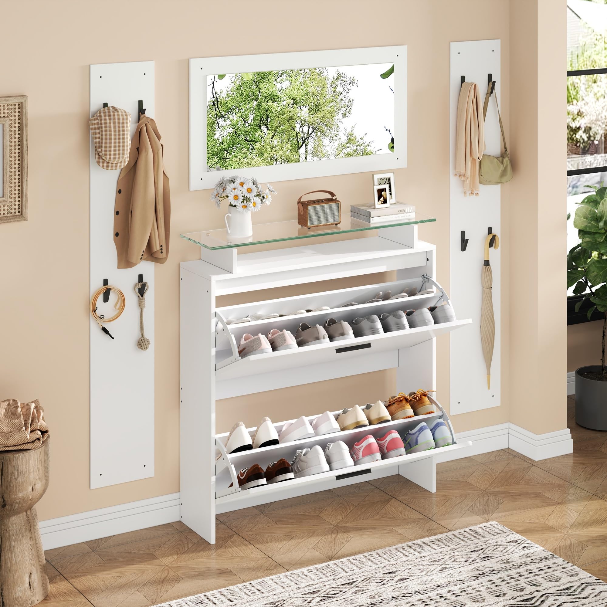 Merax Garderoben-Set 4-teilig, Flur Garderoben Komplettprogramme mit 1 Schuhschrank, 1 Wandspiegel, 2 Garderobenpaneele, Stylishe Wandgarderobe mit Haken, Flurmöbel aus Holz, Ideal für Eingang, Weiß