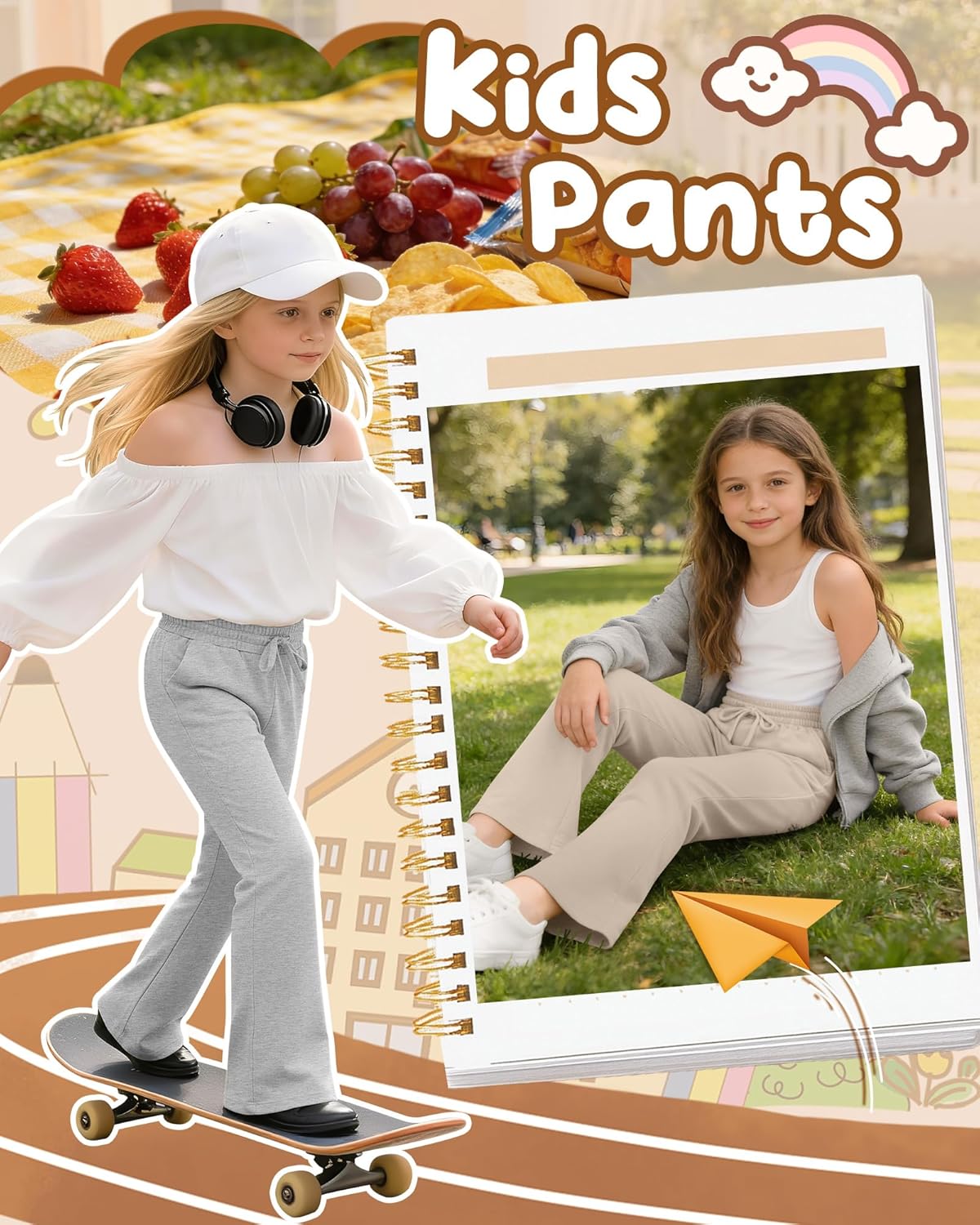 4 Pack Girls' Flare Wide Leg Sweatpants Drawstring High Waist Bell Bottom Athletic Pants Kids Sweats with Pockets