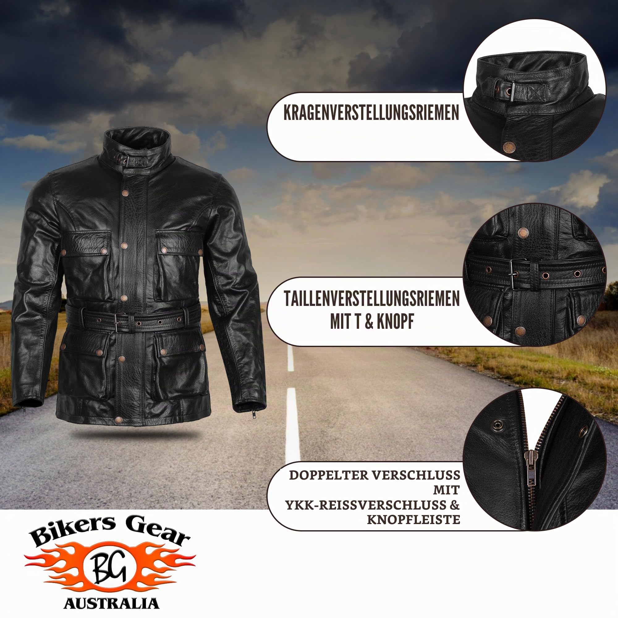 Bikers Gear Australia Klassischer Vintage-Stil, gewachst, Trail-Blazer, Leder, Retro-Motorradjacke mit CE1621-1, 5-teiliger, abnehmbarer Rüstung, Schwarz