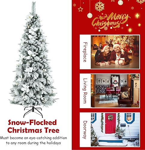 Miniatura 5 de BestComfort Árbol de Navidad flocado de nieve de 6 pies árbol de Navidad artificial con bisagras con 471 puntas de rama 300 bayas blancas flores de