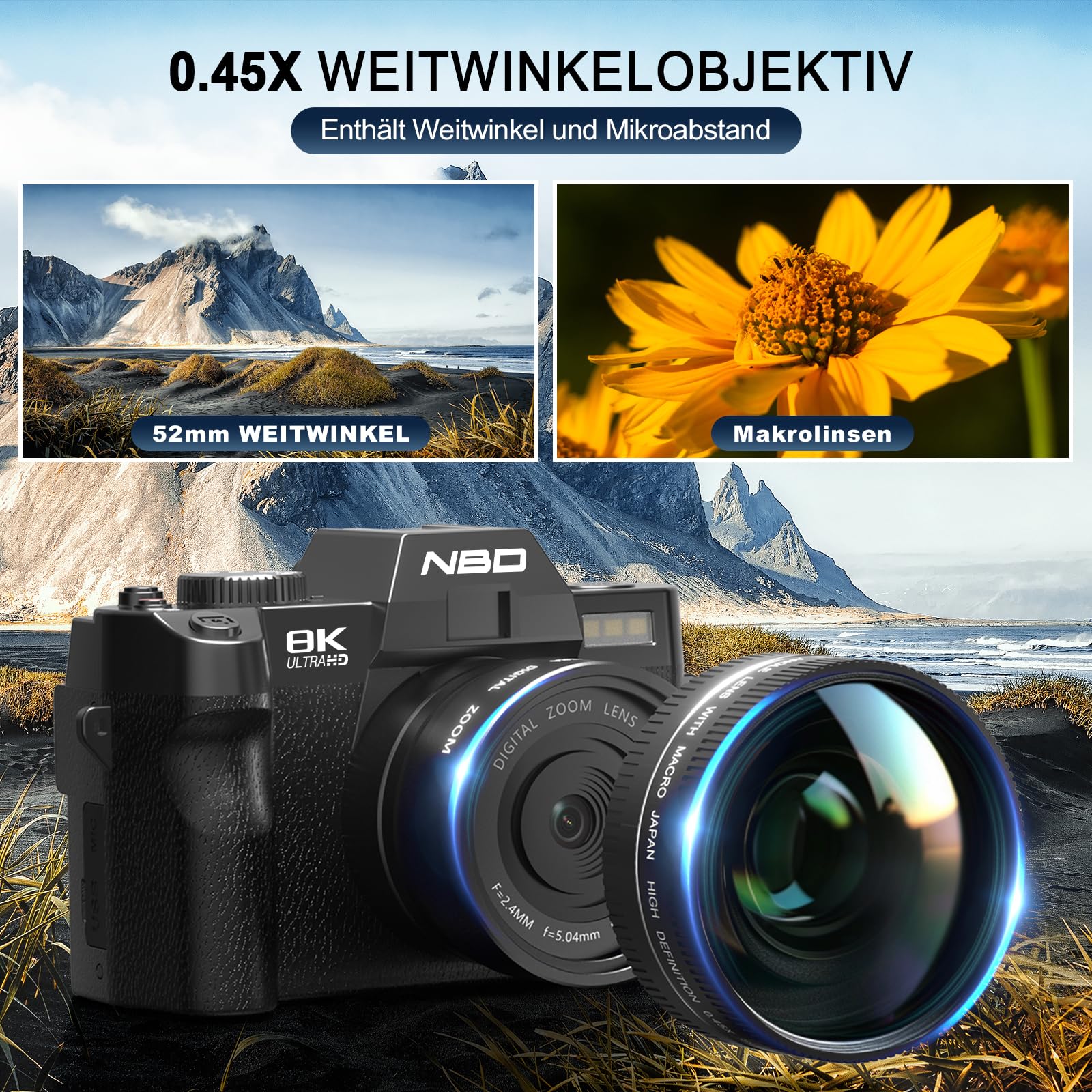 NBD 8K Digitalkamera 64MP mit Autofokus und 16X Digitalzoom | 3 Zoll 180° Klappdisplay, WLAN, Mikrofon, 2 Akkus, 32GB Speicherkarte, Weitwinkel/Makro, Vlogging, Reisen, Anfänger