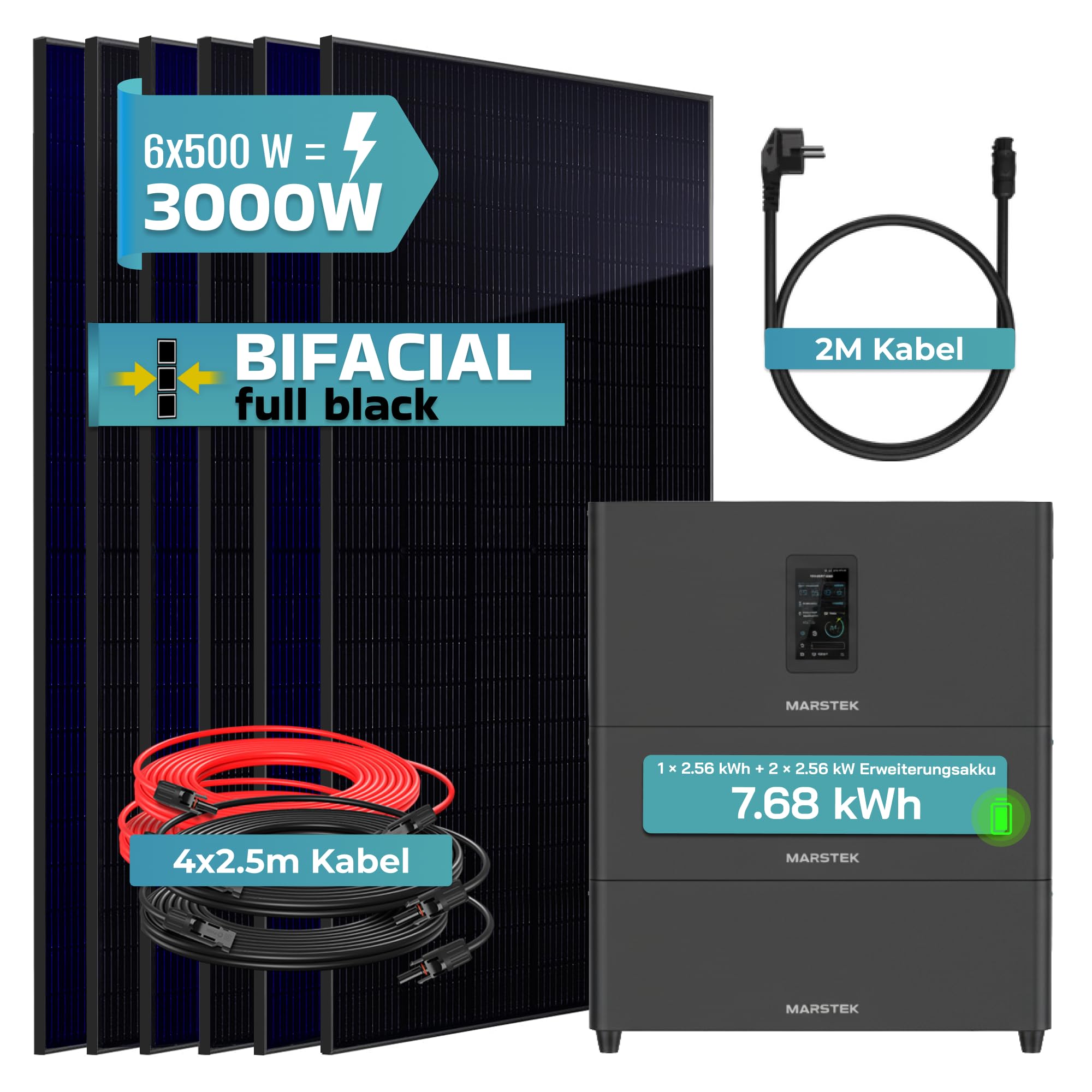 SUNNIVA® 3000W Balkonkraftwerk mit 7,68 kWh Speicher MARSTEK Jupiter C + Plus, BIFAZIAL FULLBLACK komplett Steckdose, PV Solaranlage Komplettset mit Solarspeicher, 6x 500W N-Type Glas Bifacial PV