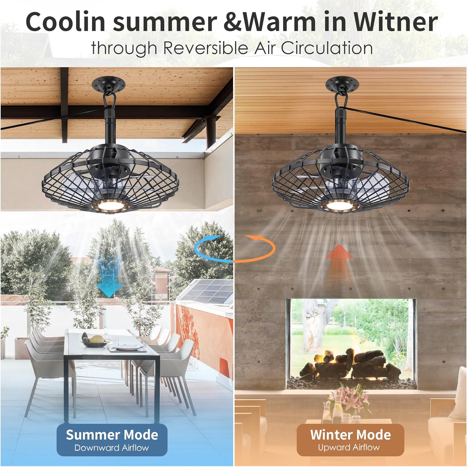 Outdoor Ceiling Fan with Lights, 15" Weatherproof Gazebo Hanging Fan with Remote Control Smart App, Plug in Caged Ceiling Fan with 3CCT Dimmable,Ceiling Fan with Hanging Hook for Porch, Pergola,Canopy