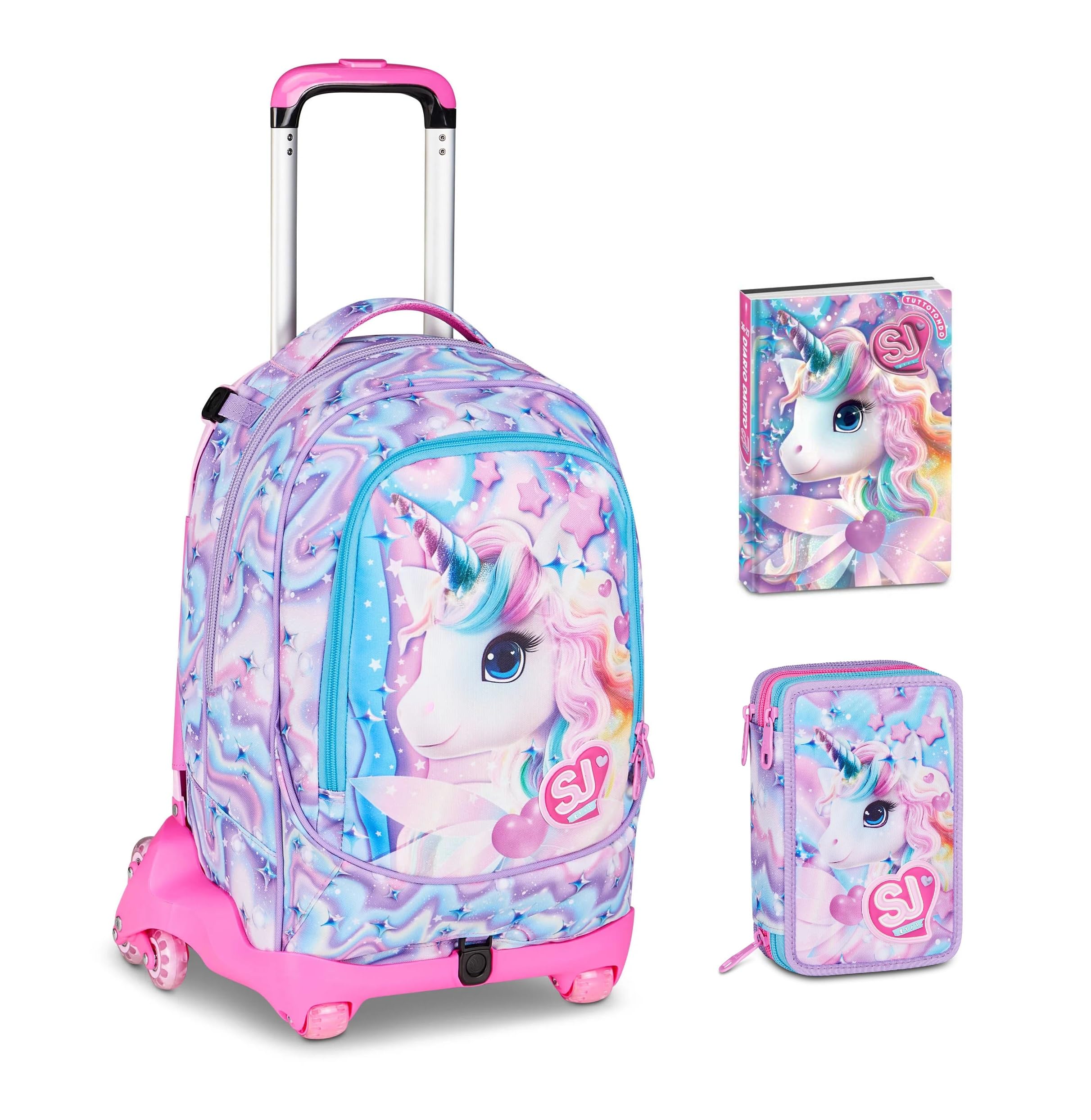 Trolley Scuola Jack 8 Ruote staccabile Fable Journey unicorno, 3 in 1 per Scuola Elementare Bambina + Astuccio 3 zip con cancelleria + Diario 2026/2027 + 7 penne cancellabili e portachiave pailettes