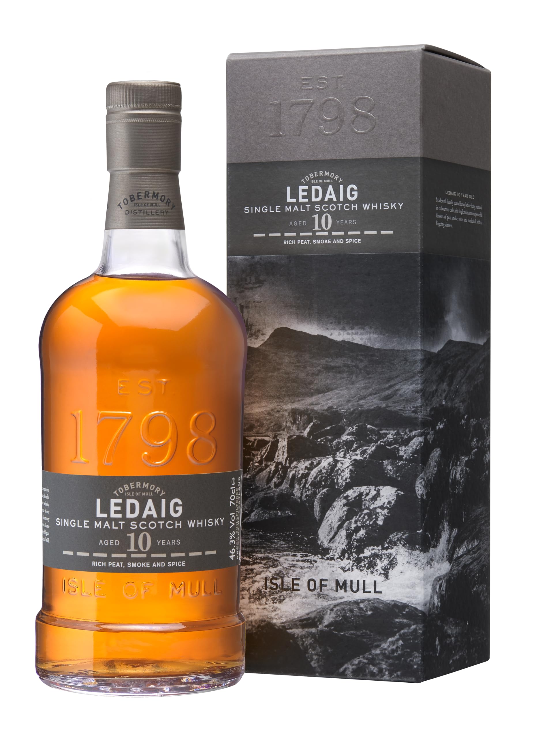 Ledaig 10 Year Old Single Malt Scotch Whisky, 70cl​ | 46.3% ABV | Peppery, Smoky and Malty Artisanal Whisky | Hebridean peated Single Malt Whisky​