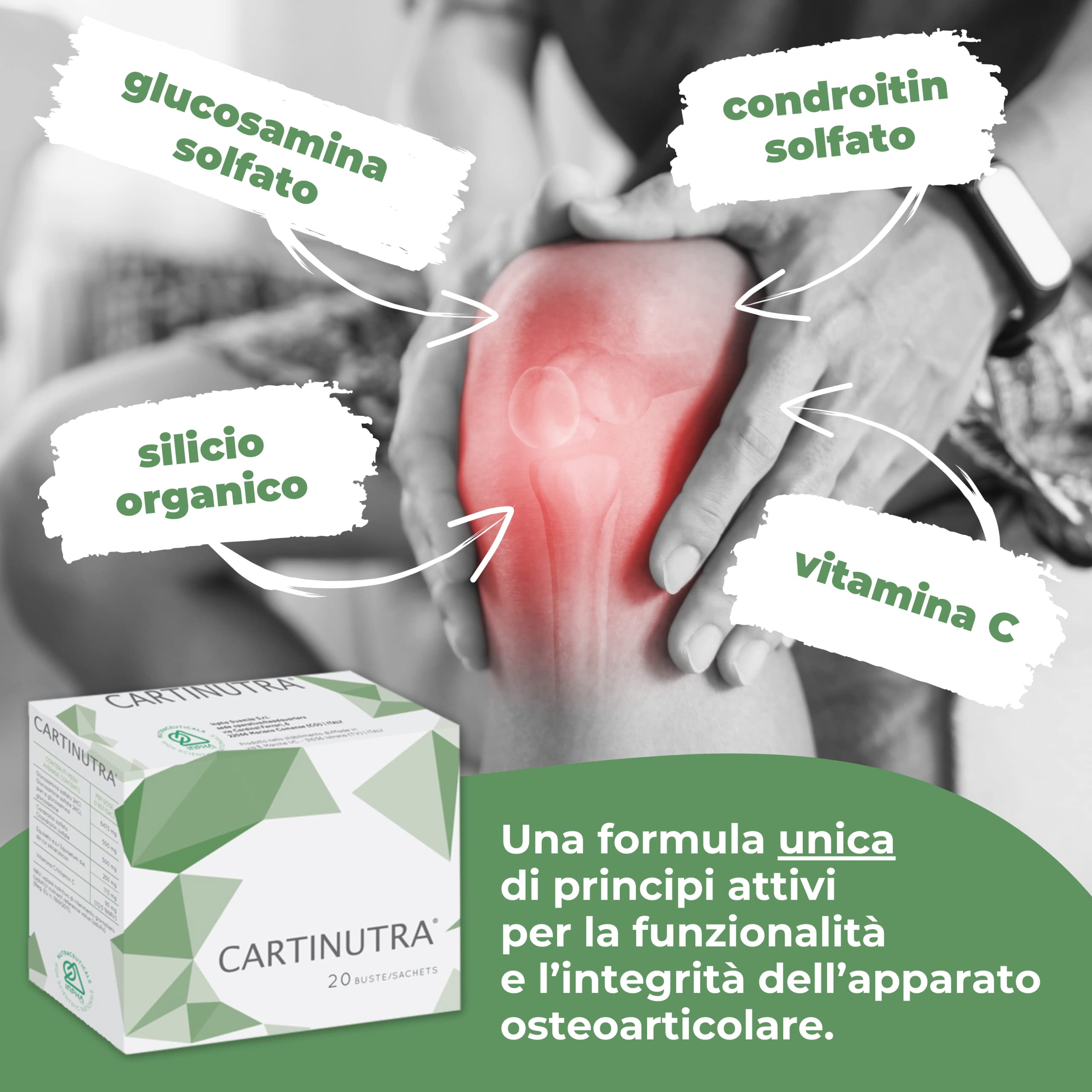 CARTINUTRA® Integratore Articolazioni e cartilagini con Glucosamina e Condroitin Solfato, Silicio Organico e Vitamina C ● Senza Glutine e naturalmente senza Lattosio ● 20 Bustine Gusto Tropical