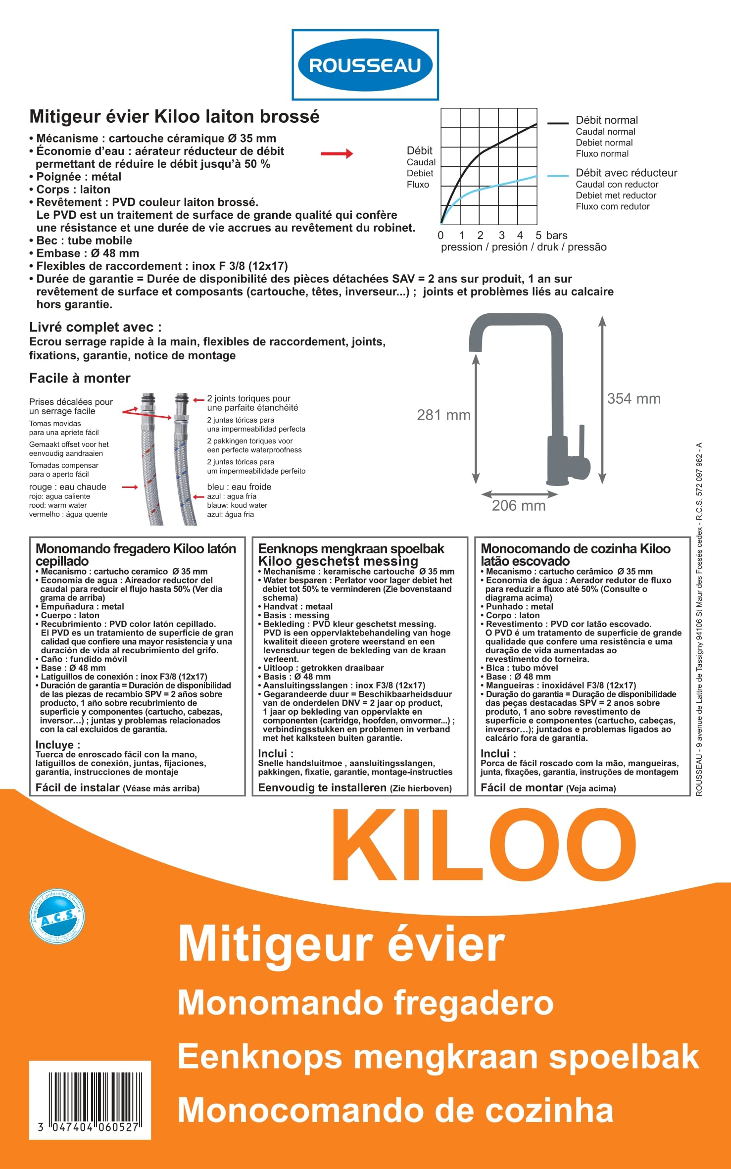 Edouard Rousseau - Mitigeur Évier KILOO Laiton Brossé - Bec orientable - Débit 8,3 L/min