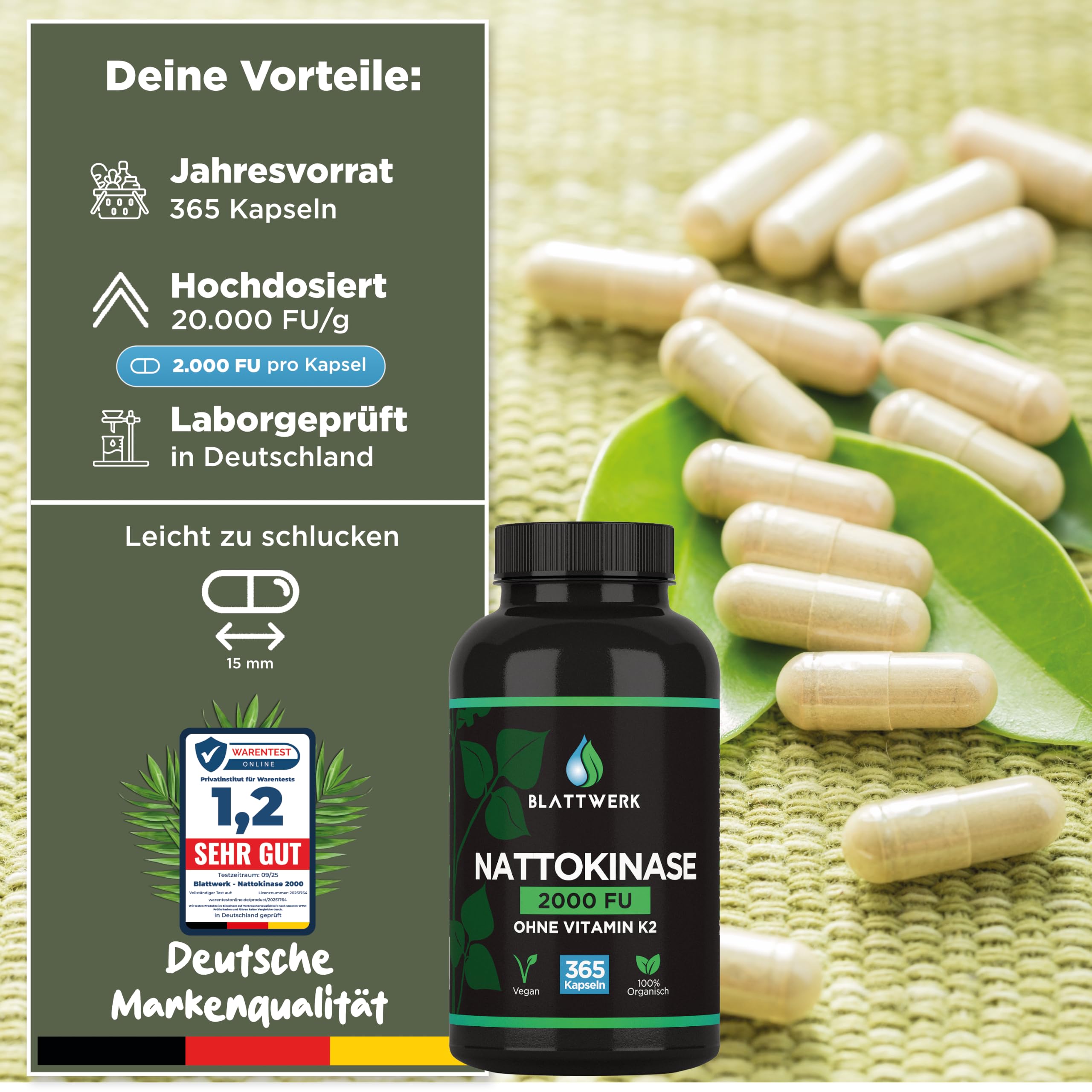 Nattokinase 2000 FU - JAHRESVORRAT - 365 Nattokinase Kapseln je 100mg (20.000 FU/g) - Deutsche Qualitätsmarke - Nattokinase hochdosiert - Natto aus Soja - 100% Vegan - Laborgeprüft - BLATTWERK
