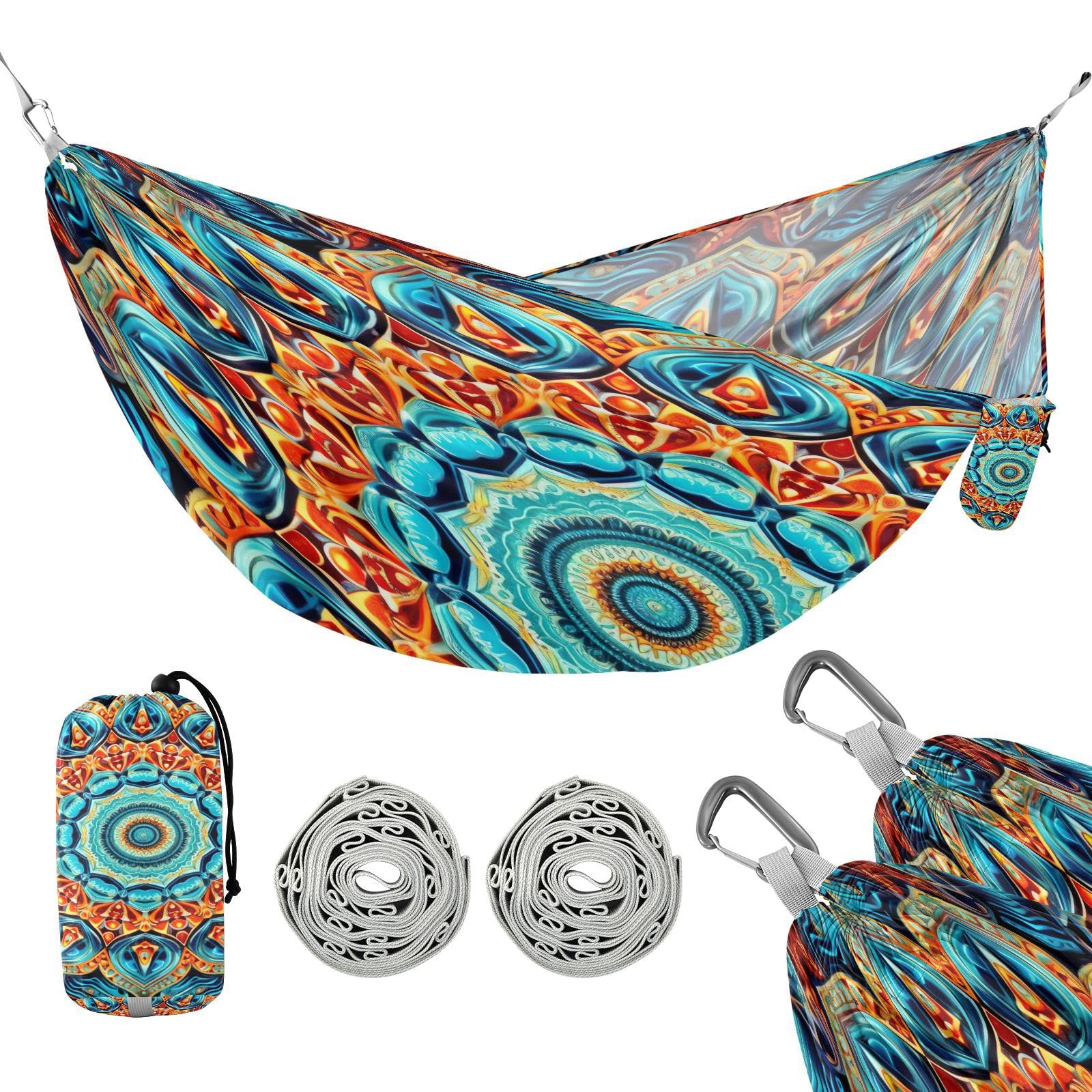 SDMKA Blue Orange Mandala Camping Hammock, 330 lbs with 2 Tree Straps, Carry Bag, Single Portable Hammock for Outdoor/Indoor, Hiking, Beach, Backpacking, Travel