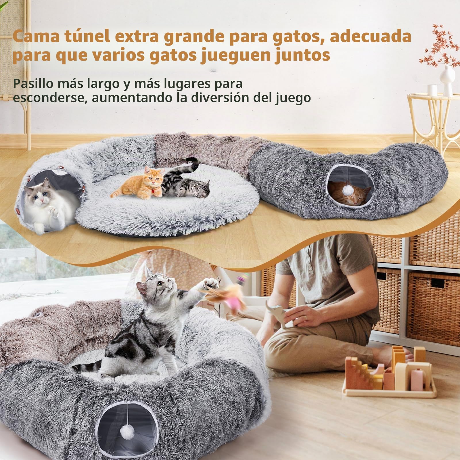 Túneles grandes para gatos de interior, cama cálida y esponjosa para gatos y túneles de cueva desmontables con 20 juguetes para mascotas, túnel de dona y variedad de juguetes para gatitos para jugar
