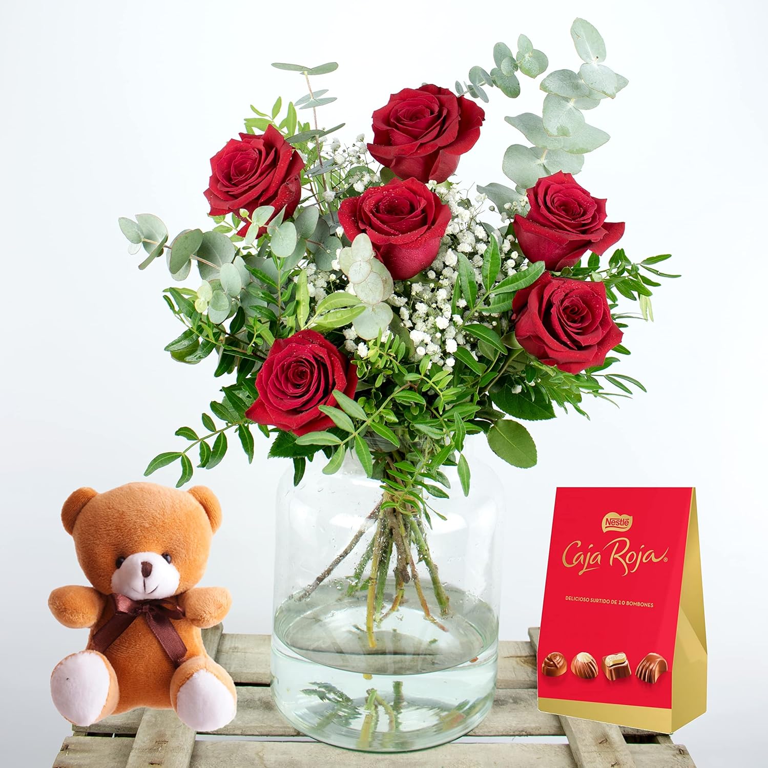 Lysa Flores: Ramo de 6 Rosas Rojas Naturales + Osito de Peluche (15cm) + Caja de Bombones 100gr - Entrega en 24h de Martes a Sábado - Envío Gratis