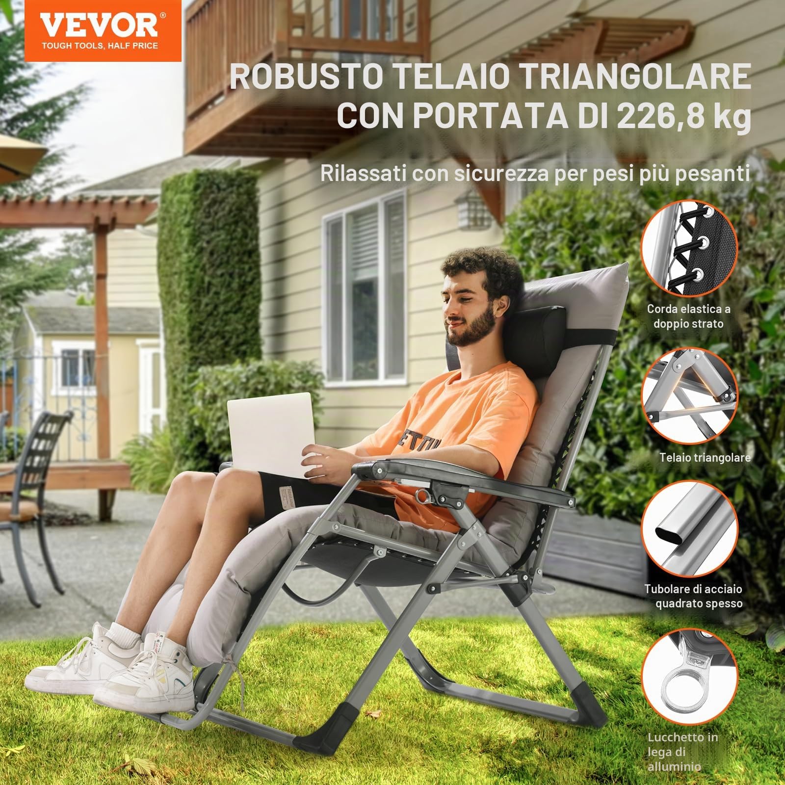 VEVOR Poltrona Relax a Gravità Zero Reclinabile 825 mm, Lettino Relax da Giardino Cortile, Lettino Antigravità Regolabile con Cuscino, Poggiatesta, Poggiapiedi, Portabicchieri Carico 226,8 kg Grigio
