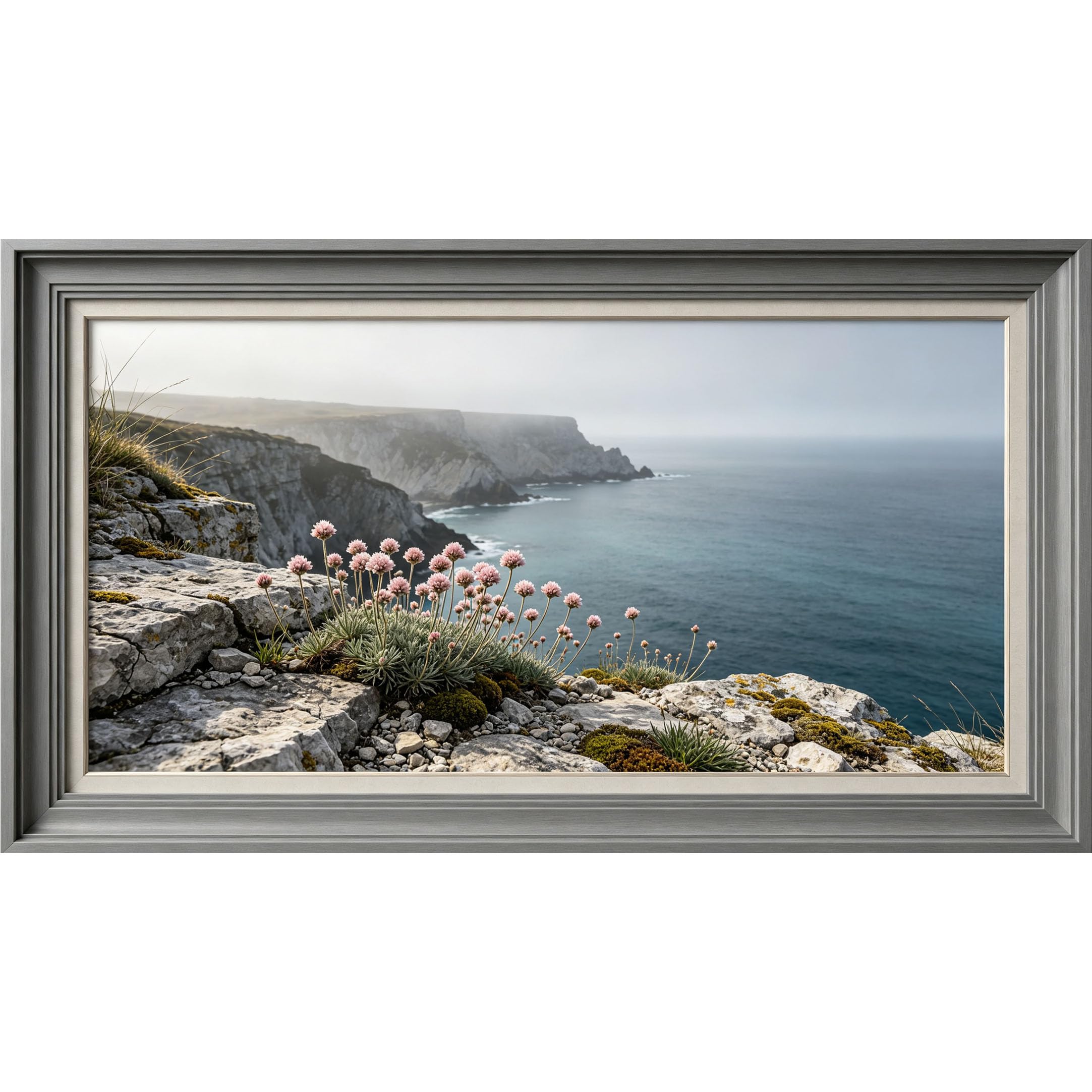QZLITHOTIC 50×90cm3D Framed Wall Art， Coastal Cliff Ocean Flower Self?Adhesive Mural， Water?Activated Peel & Stick Fabric Decor Wall Decal for Bedroom Living Room