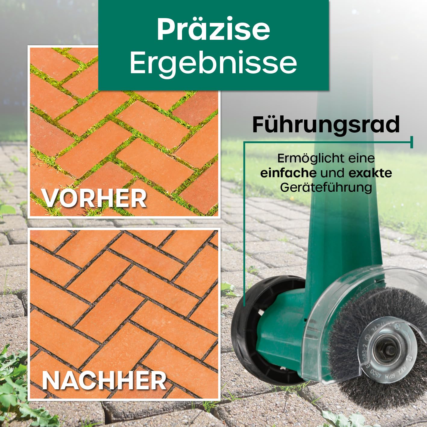 EASYmaxx Fugenreiniger elektrisch | Einfache säuberung von Fugen, Gehwegen & uvm - Ohne lästige Rückenschmerzen | inkl. 2 auswechselbaren Bürsten | Fugenbürste 140 Watt 1200 rpm [ABS/Stahl Grün]