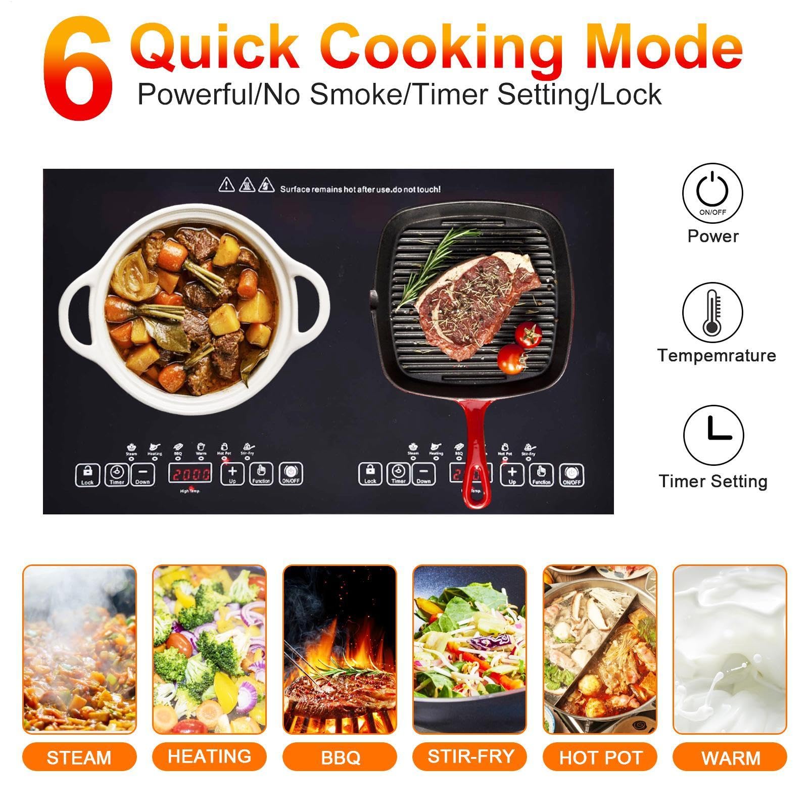 LCD Portable Double Induction Cooktop, 2000w 2 Induction Burner, Double Induction Cooktop Burner With 180 Mins Timer, Portable Induction Cooktop With Touch Sensor Control & Child Safety Lock