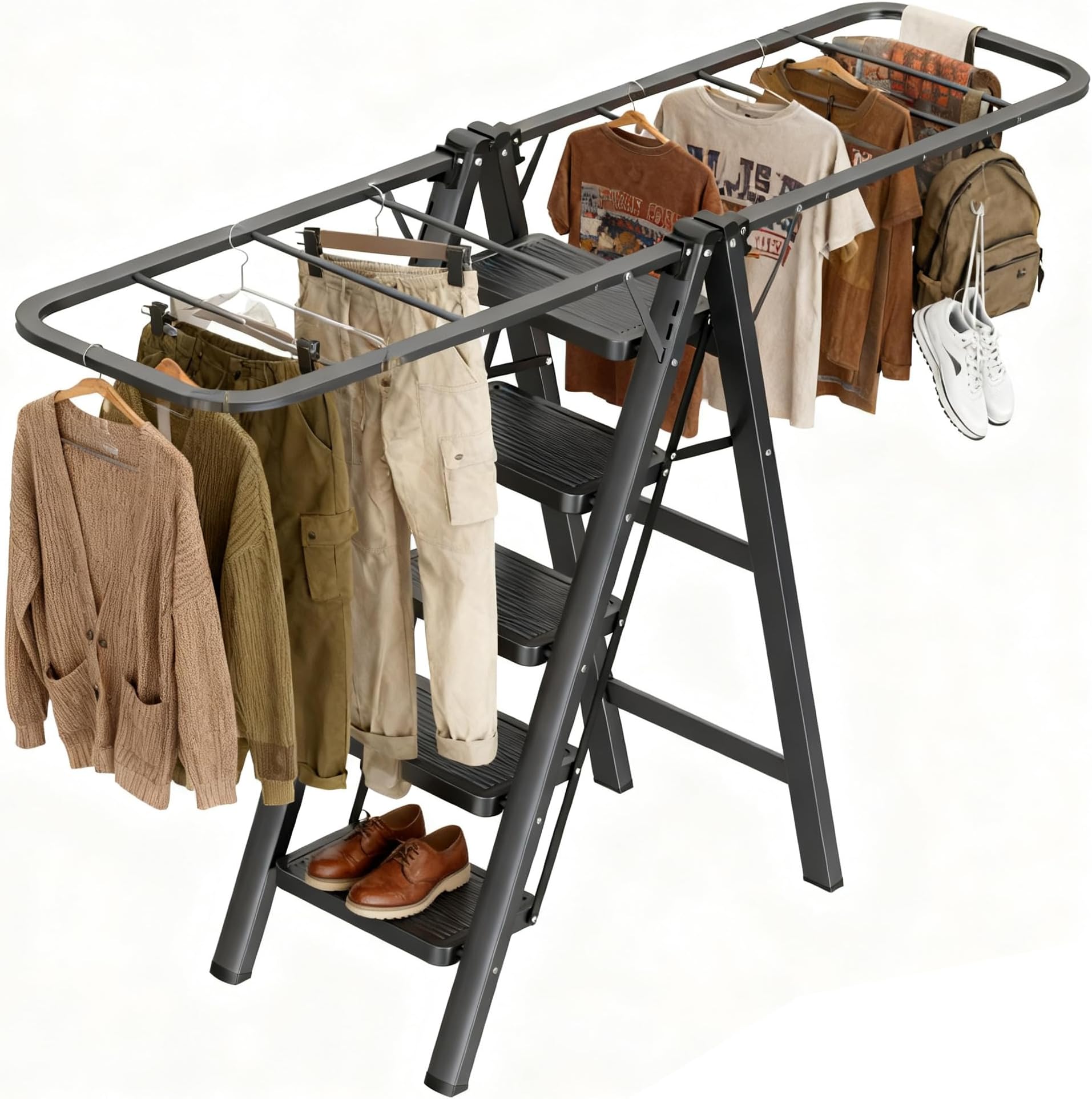 Standing Clothes Drying Rack, 5 Step Folding Ladder, 3-in-1 Collapsible Laundry Hanger Rack with Shoe Rack, Adjustable Angle for Living Room Bedroom Bathroom Home Decor