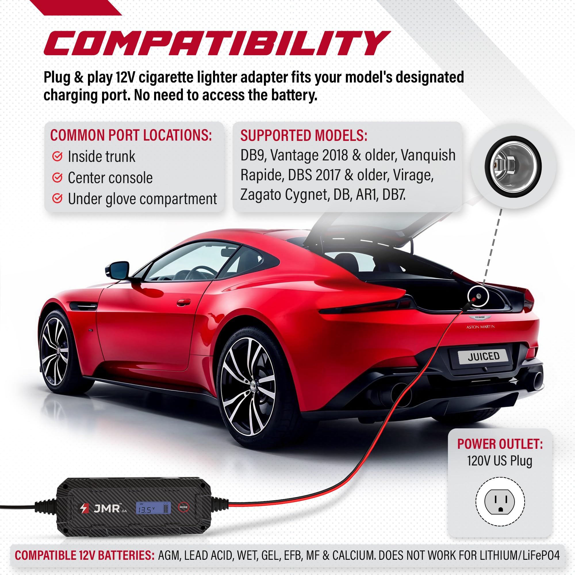 Amazon.com: JMR 12V Battery Charger for Aston Martin, 12V Cig