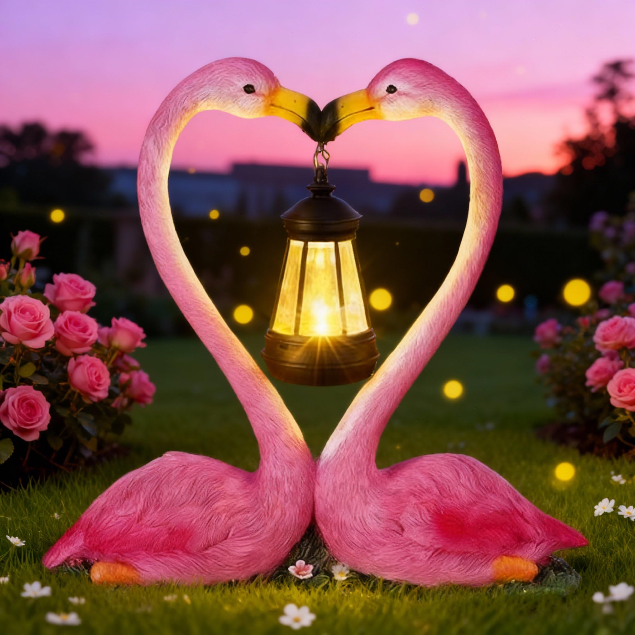 Reallnaive Outdoor Solar Lights Waterproof Garden Kissing Flamingo Heart Decoration with LED Decoration for Flamingo Themed Party Favors Lover Gifts