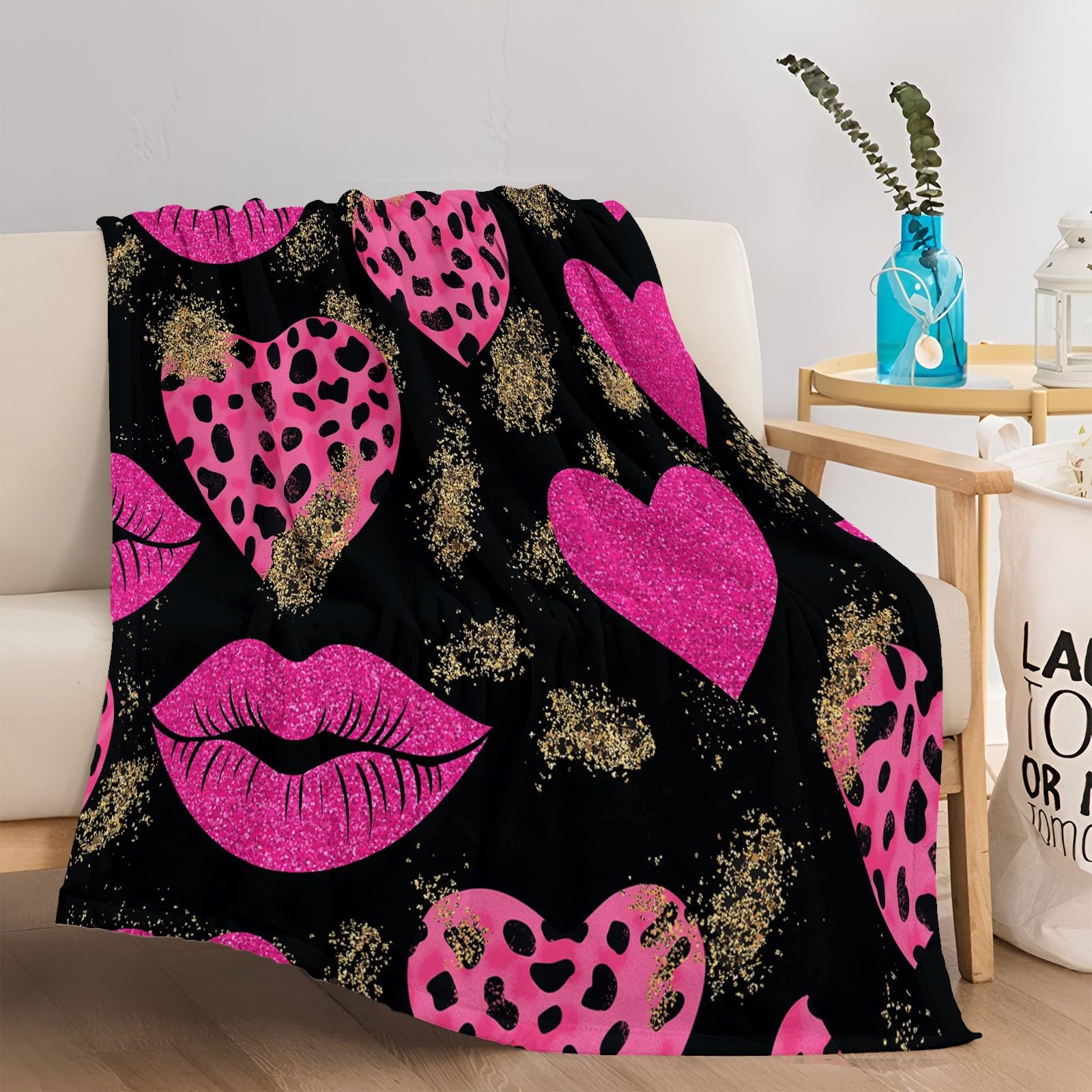 Colorato Coperta Sherpa Coperta in microfibra per divano Cuore labbra al neon Coperta in peluche stampata 200 x 220 cm Coperta autunnale ultra morbida e pelosa