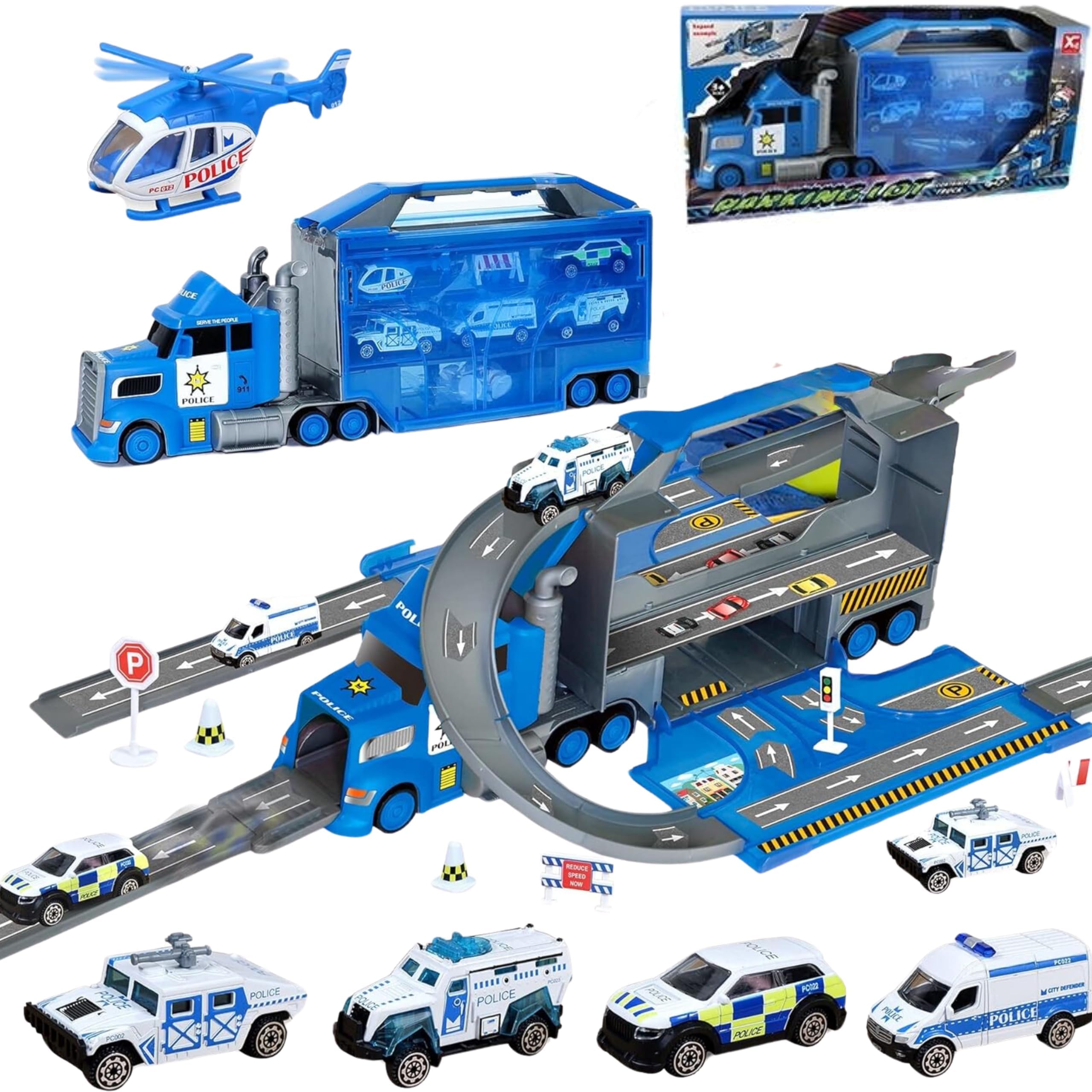 TOYS STORM 23 Big Truck Toys,6 in 1 Toddler Alloy Police Vehicle Toy Set,with Track and Parking Lot,Kids Play Carrier Trucks Helicopter Transporter Cars for Toddler,Birthday for 5to12 Years Old Boy