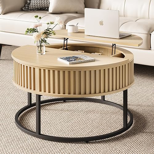 Round Coffee Table with Lift Top - Fluted Wood Center