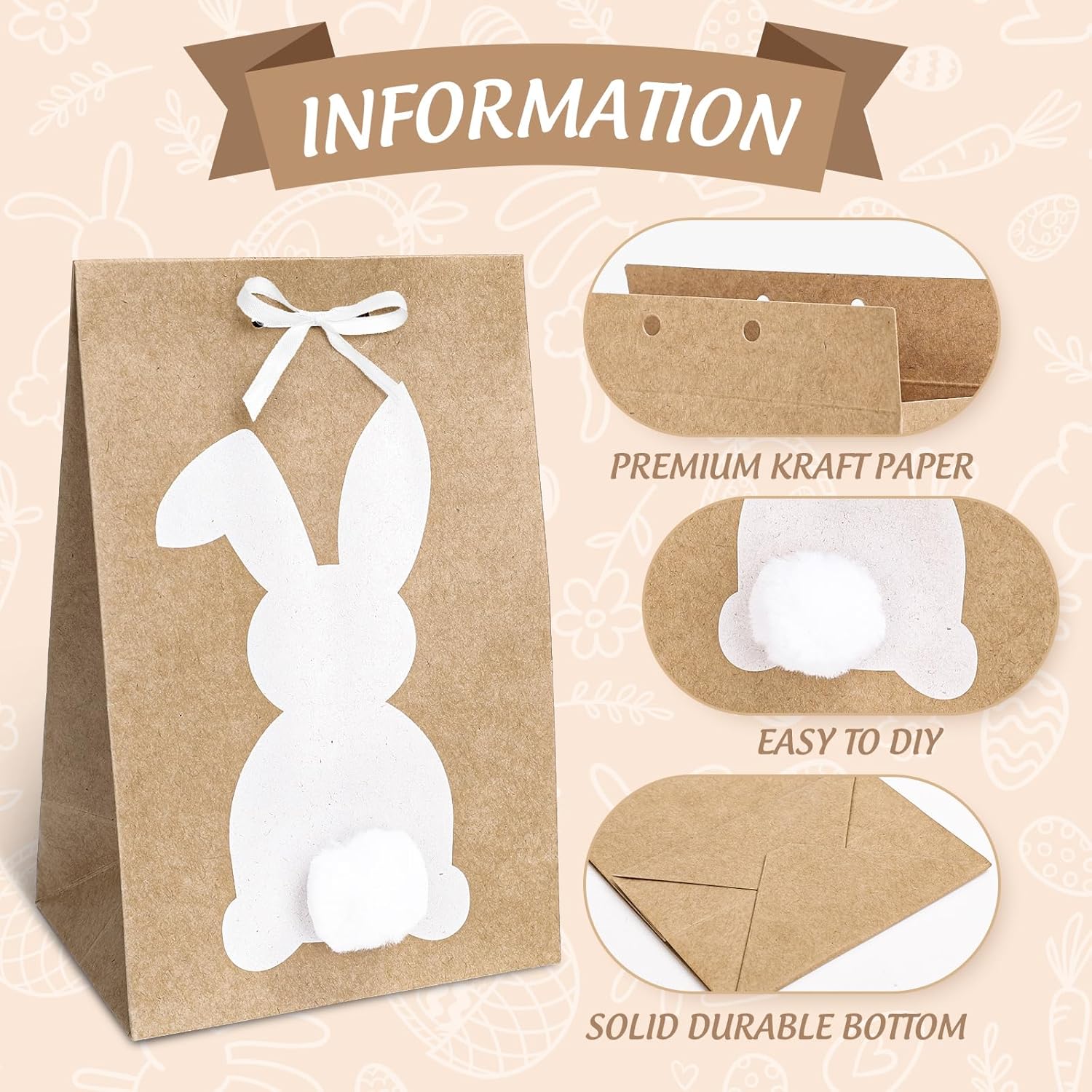 FYSUIMU 49 Pcs Easter Bunny Party Favor Bags White Rabbit Kraft Paper Treat Bags with Pompoms Ribbon Candy Goodie Bags for Spring Birthday DIY Craft Supplies - Image 3