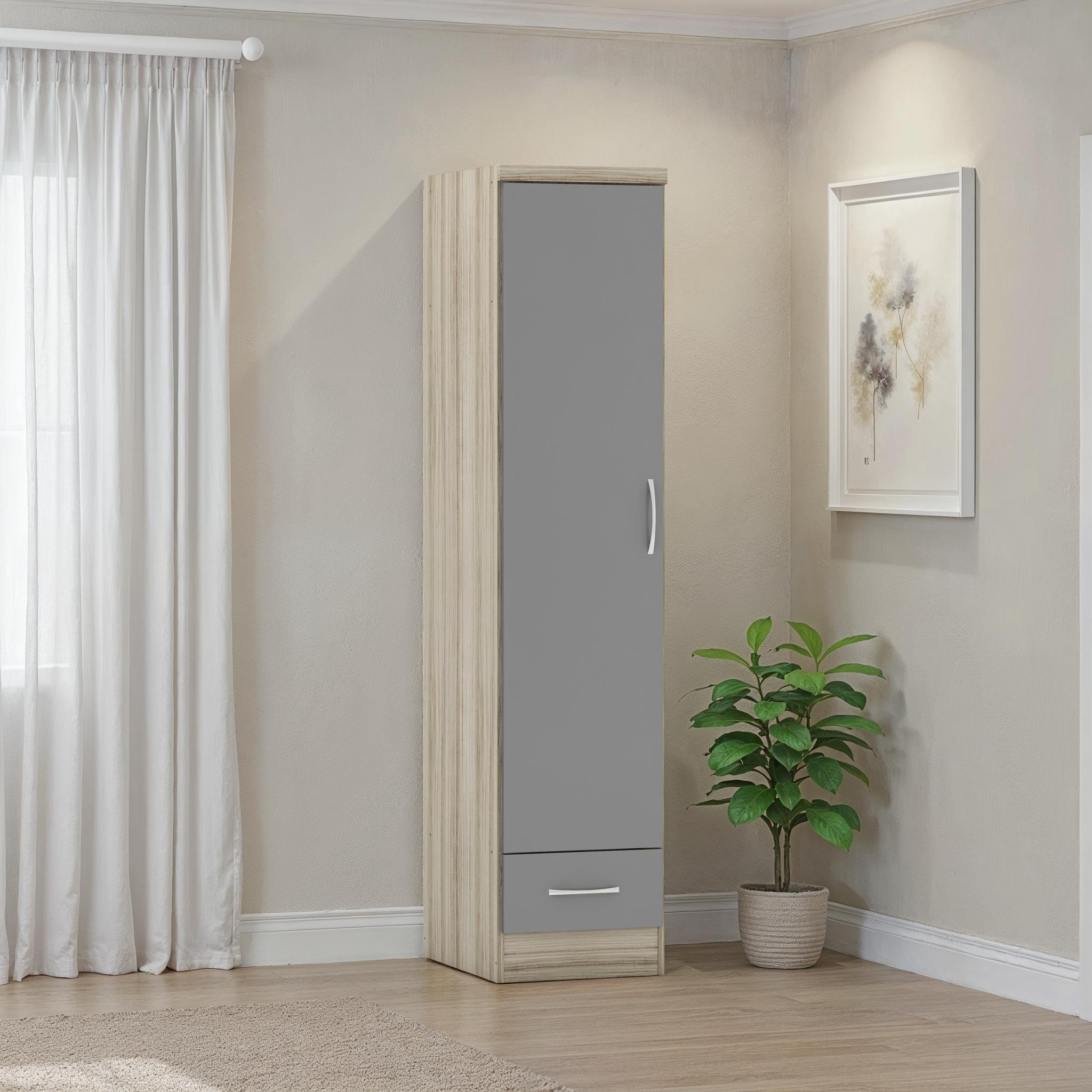 Seconique Nevada 1 Door 1 Drawer Wardrobe in Grey Gloss/Light Oak Effect Veneer