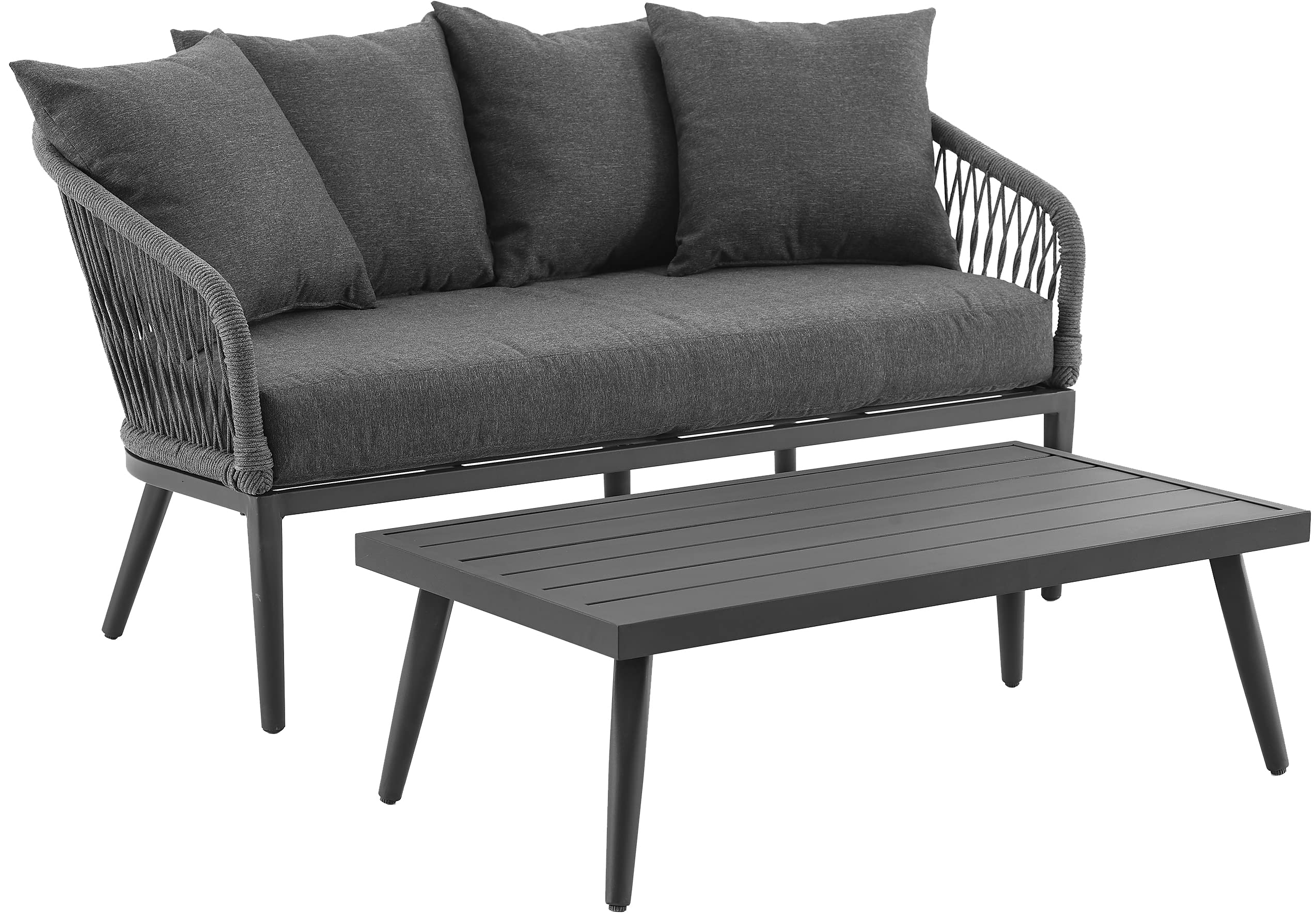 CO7330MB-CL Dover - Juego de 2 piezas de cuerda para exteriores (sofá biplaza, mesa de café), negro mate con cojines de carbón