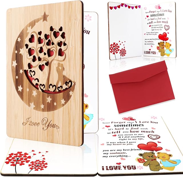 HOWAF Real Bamboo Wood I Love You Card, Wooden Greeting Cards Wooden Love Cards for Anniversary, Birthday, Weddings, Happy Valentines Day Card for Wife, Husband, Boyfriend, Girlfriend, Him, Or Her