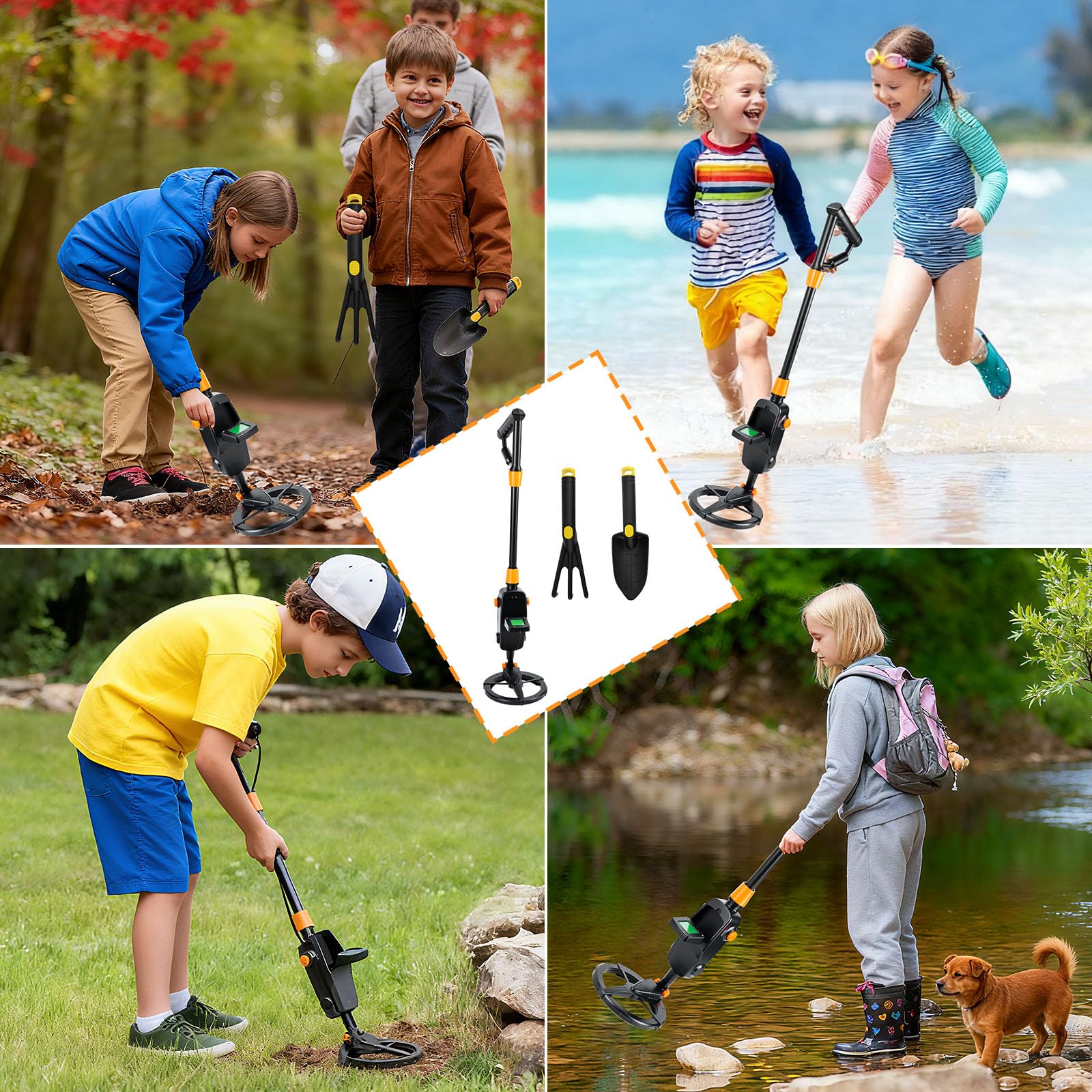 Metalldetektor Kinder, Metal Detector mit LCD und Tonanzeige, Leichtgewicht Metalldetektor Set mit wasserdichter Suchspule, mit Schaufel, Rechen und Rucksack, für Kinder oder Anfänger