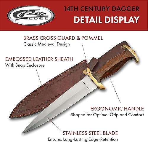 Miniatura 2 de SZCO Supplies - Réplica medieval de 15 pulgadas con mango de madera, hoja de punta de lanza de acero inoxidable, protector de latón, funda de cuero,