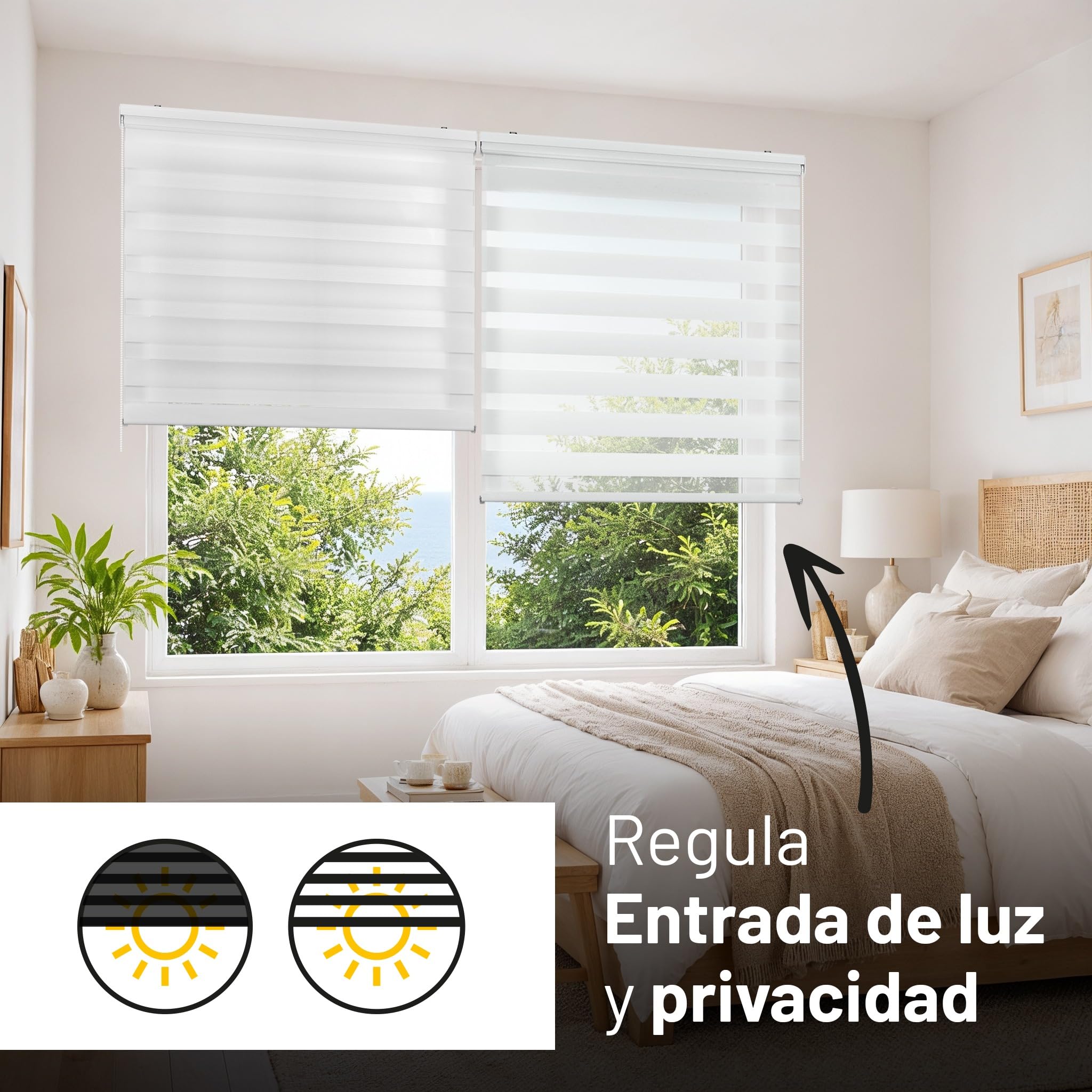 Estores Noche y Día de Calidad con Doble Tejido Elegantes para Ventanas de Interior y Puertas. Elige la privacidad y el Paso de la luz STORESDECO Blanco 120 x 250 cm (Ancho x Largo)