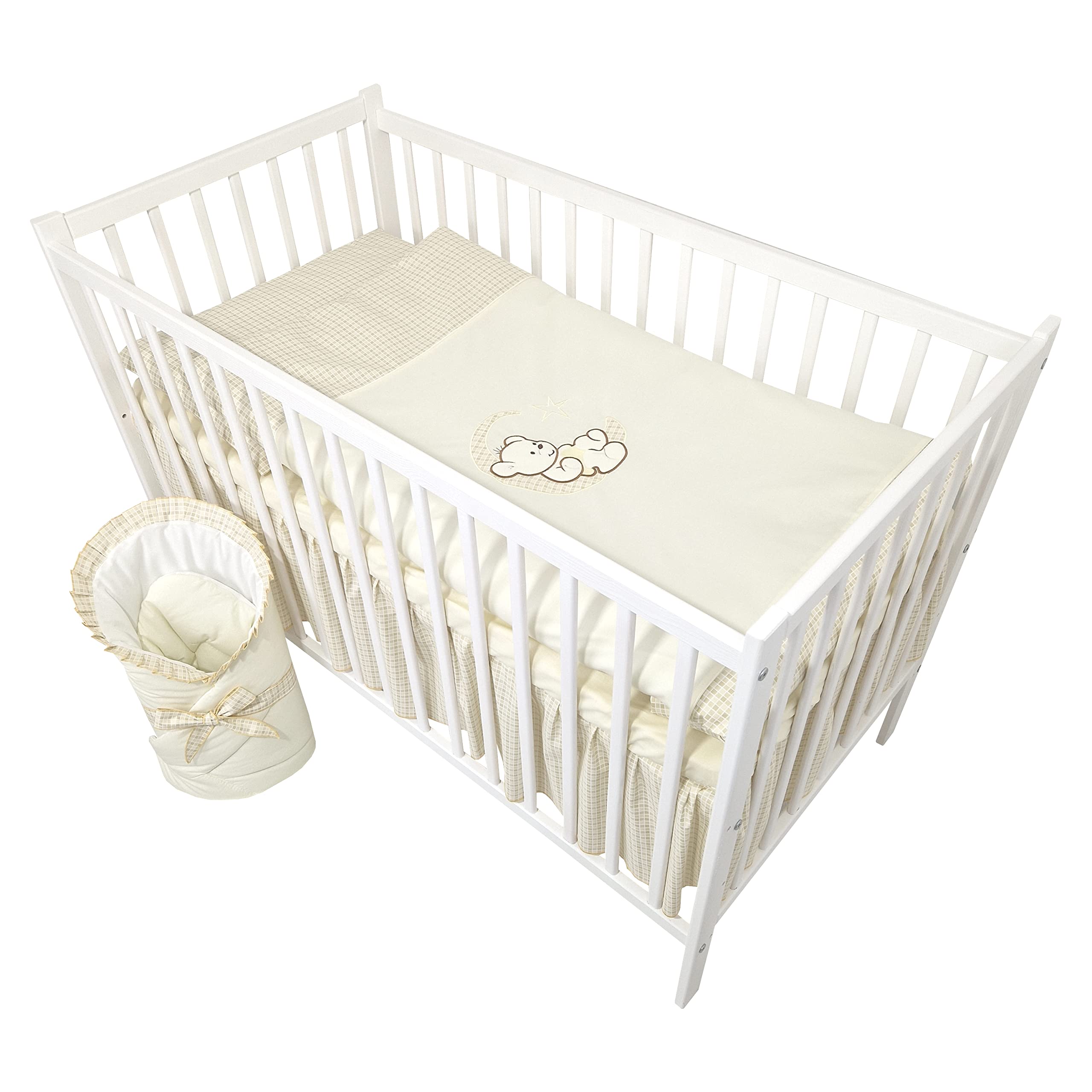 Juego Completo de Cuna y Ropa de Cama de 13 Piezas Happy Leo Incl. colchón Regulable en Altura para recién Nacidos y niños pequeños de Madera Maciza Bordada (Osito Luna Beige Claro)