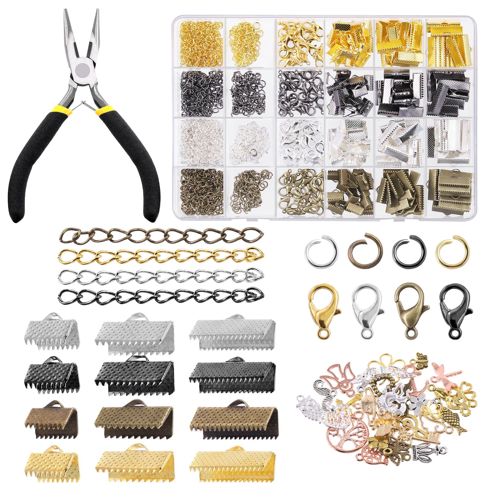 Tanstic 771Pcs 4 Colors Ribbon Ends Fastener Clasps Kit, Bookmark Pinch Crimp Ends with Jump Rings, Lobster Claw Clasps