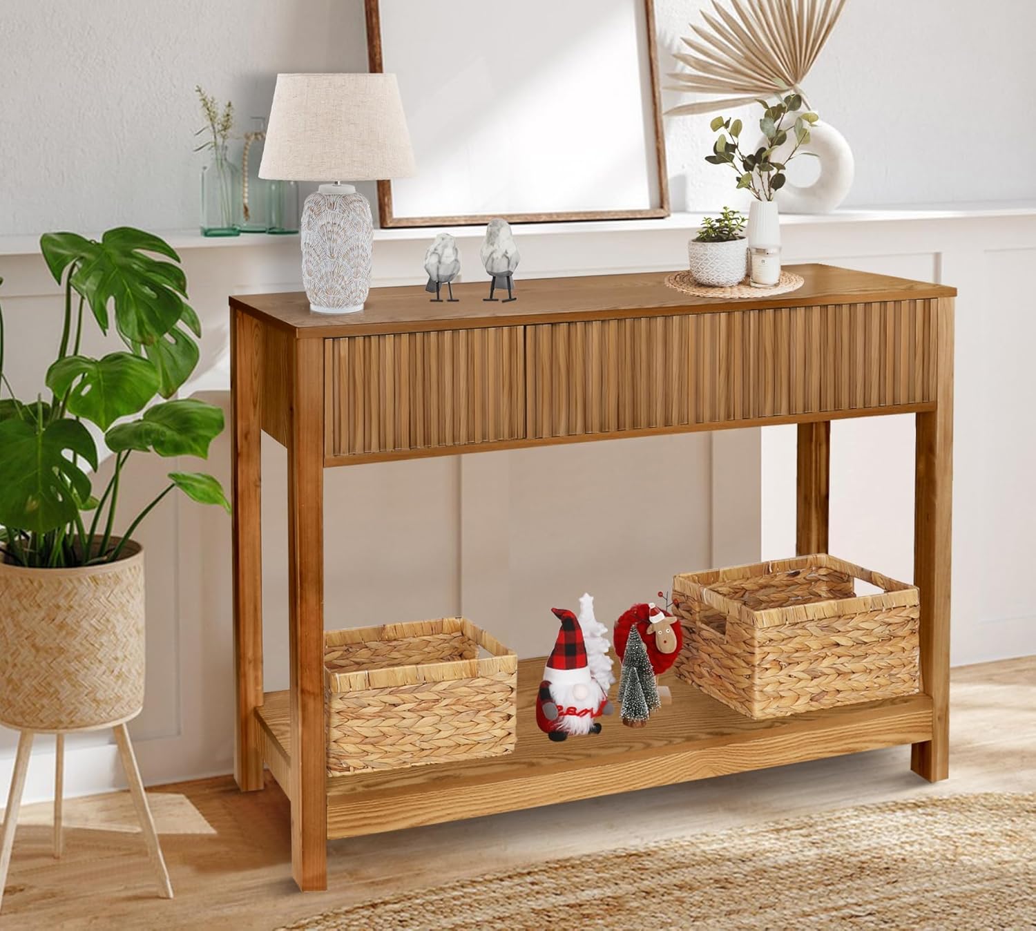 Fluted Console Table with Storage, 48" Long Entryway Slim Sofa Table Behind Couch Entry Tables, Narrow Wood Hallway Modern Living Room Couch Foyer Entrance Tables Brown